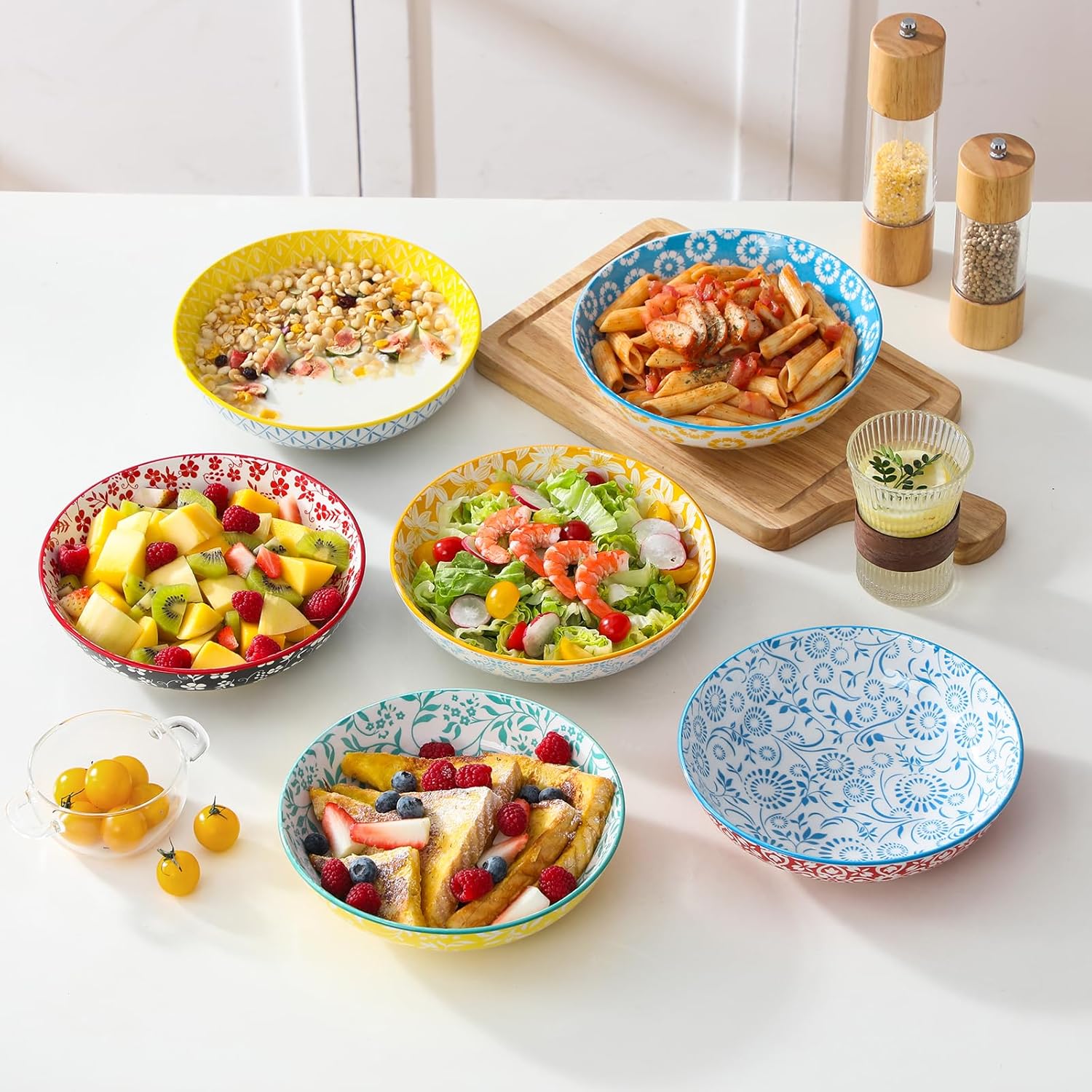 vancasso 8.5" Pasta Bowls Set of 6, 40 oz Porcelain Shallow Salad Bowls, Serving Bowls Large Kitchen Bowl Plates Pasta Dishes Plates, Colorful Floral Design, Microwave Safe, Series SELENE - Image 2
