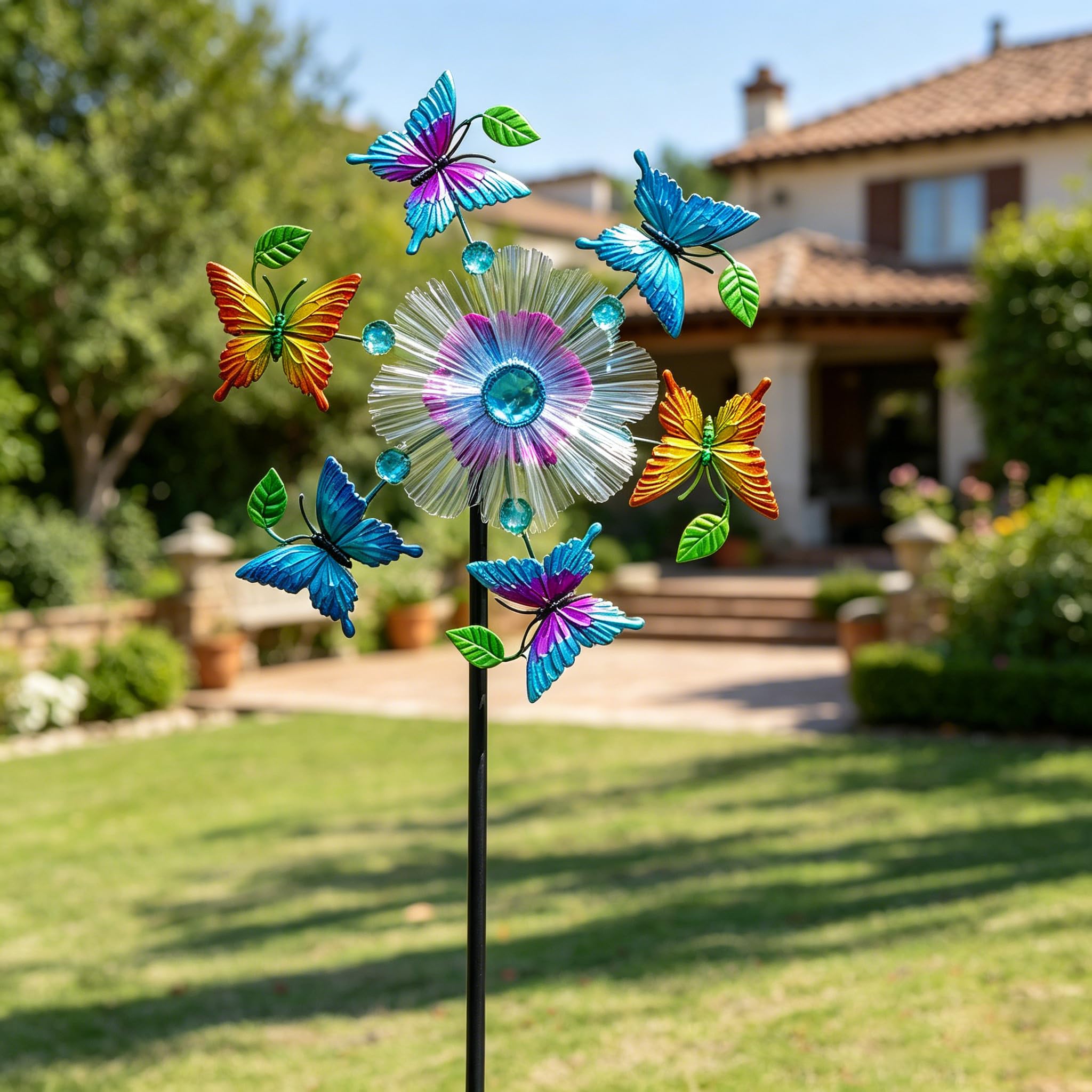 Girandole a vento da giardino a forma di farfalla, 111,8 cm, in metallo, con paletti cinetici, decorazioni artistiche per patio, prato e giardino