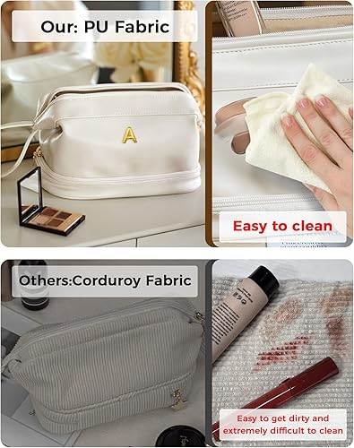 Miniatura 6 de Vogewood Bolsa de maquillaje grande con inicial, bolsa de cosméticos personalizada de doble capa con organizador de brochas de maquillaje,