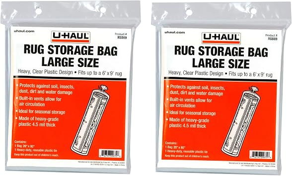 U-Haul Large Rug Storage Bags - Fit up to 6 x 9 Rugs - 20" x 92" Bags - Pack of 2 Bags