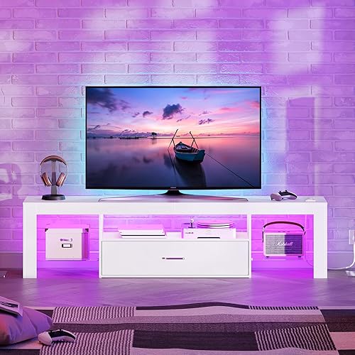 Miniatura 8 de HOOBRO WT160UDDS01 - Soporte LED para TV de 75 pulgadas, centro de entretenimiento para juegos con estantes de vidrio y cajón grande, mesa consola