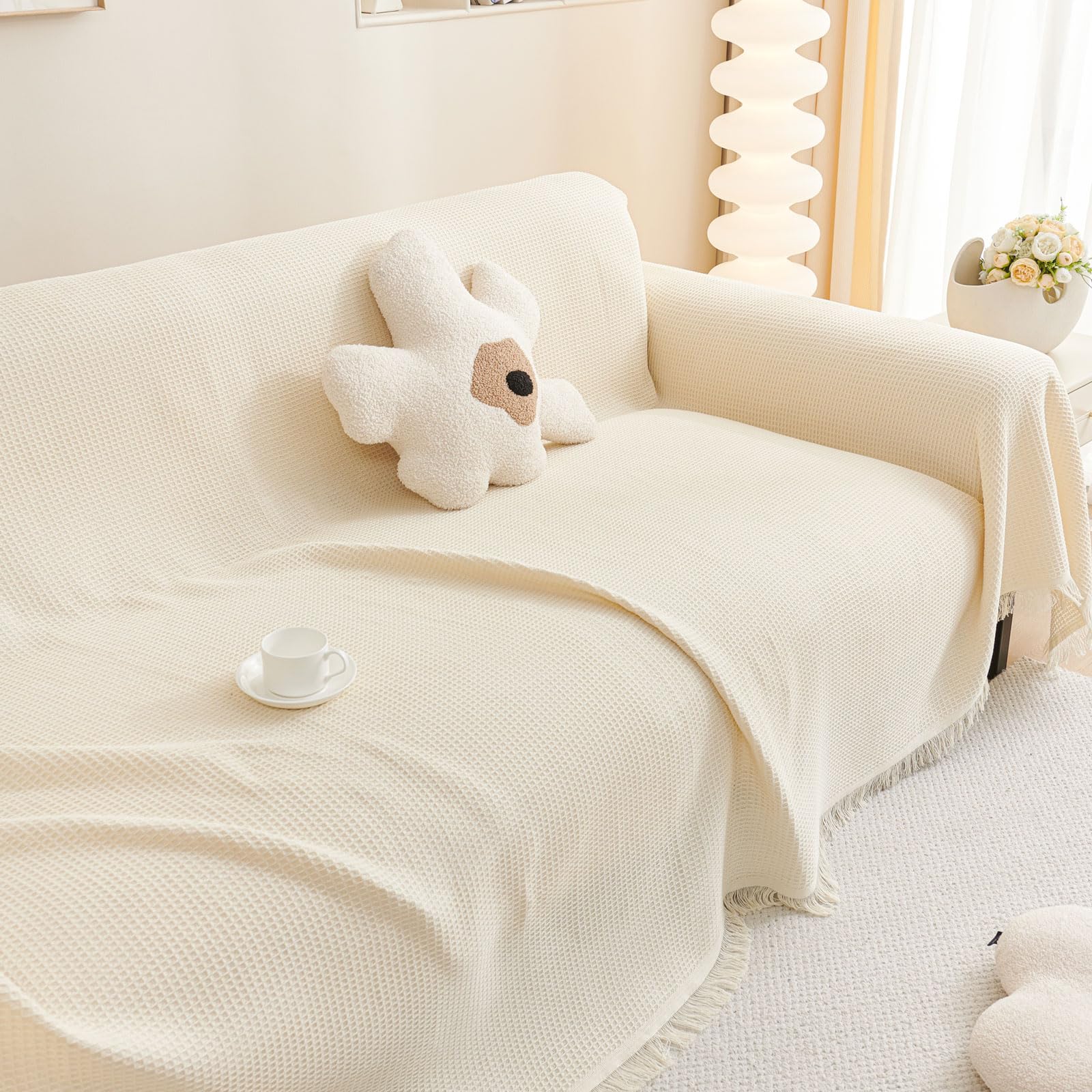LHGOGO Waffle Weave Sofa Throw Large, Soft Cotton Blend Textured Blanket for 2 Seater Settee, Breathable Decorative Bed Throw - Image 3