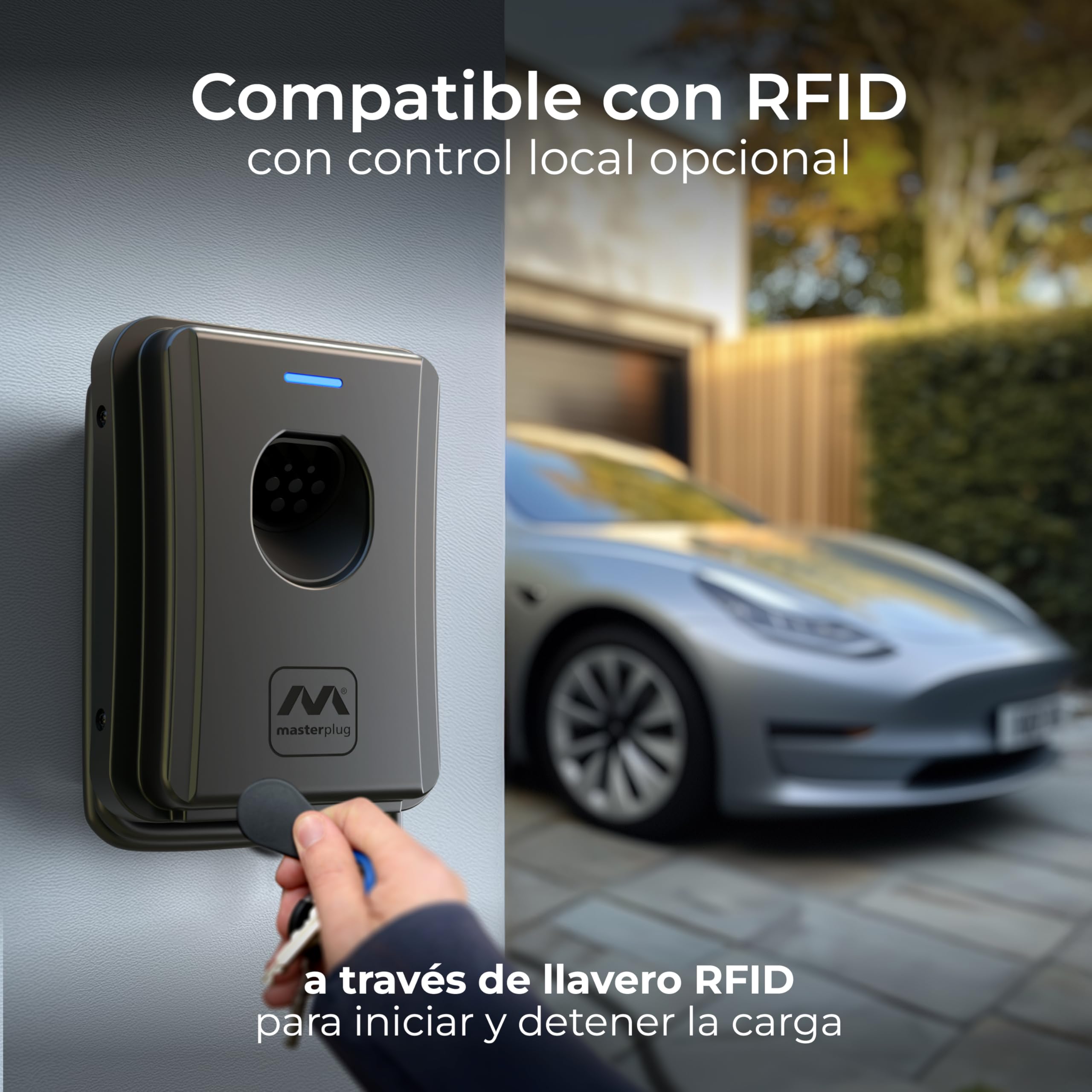 Masterplug Estación de Carga EV de Pared para Vehículos Eléctricos Tipo 2, Cargador Coche Eléctrico con Cable de 5m y Función de Fija Automático, Monofásico, Modo 3, RFID, IP65, 7.4kW, 32A, EVCM3BT7BR
