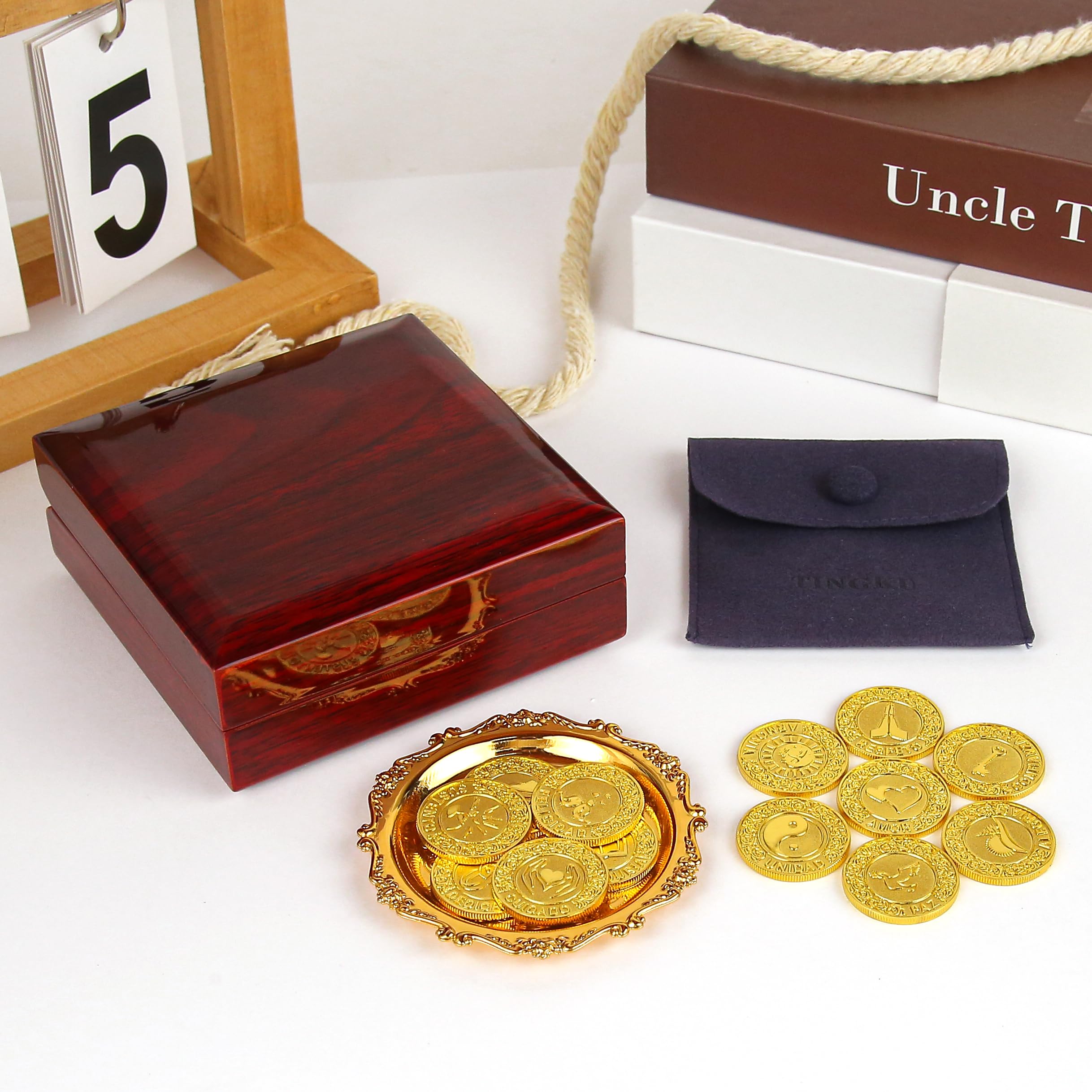 TINGKU Arras para Boda Católica - Juego de 13 monedas de boda Arras de Boda Cristiana Aras de Matrimonio, caja de madera para boda católica tradicional (Gold)