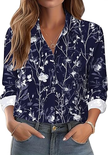Miniatura 17 de Zeagoo Camisas con botones para mujer elegantes con estampado floral de manga larga blusa casual de negocios tops de trabajo