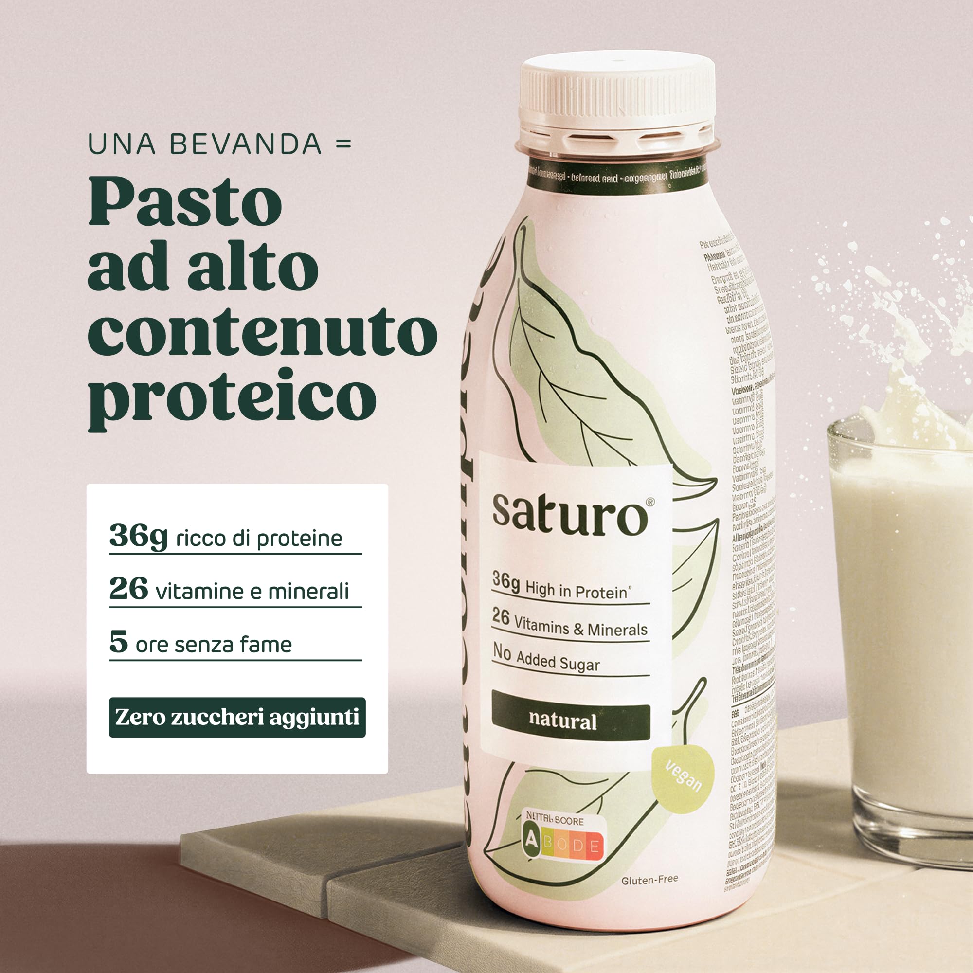 Saturo Pasto Sostitutivo Frullato Gusto Natural | 36 g di proteine & senza zucchero | 400 kcal | Vegano | Pasto Bevibile con Nutrienti Essenziali | 6 x 400 ml
