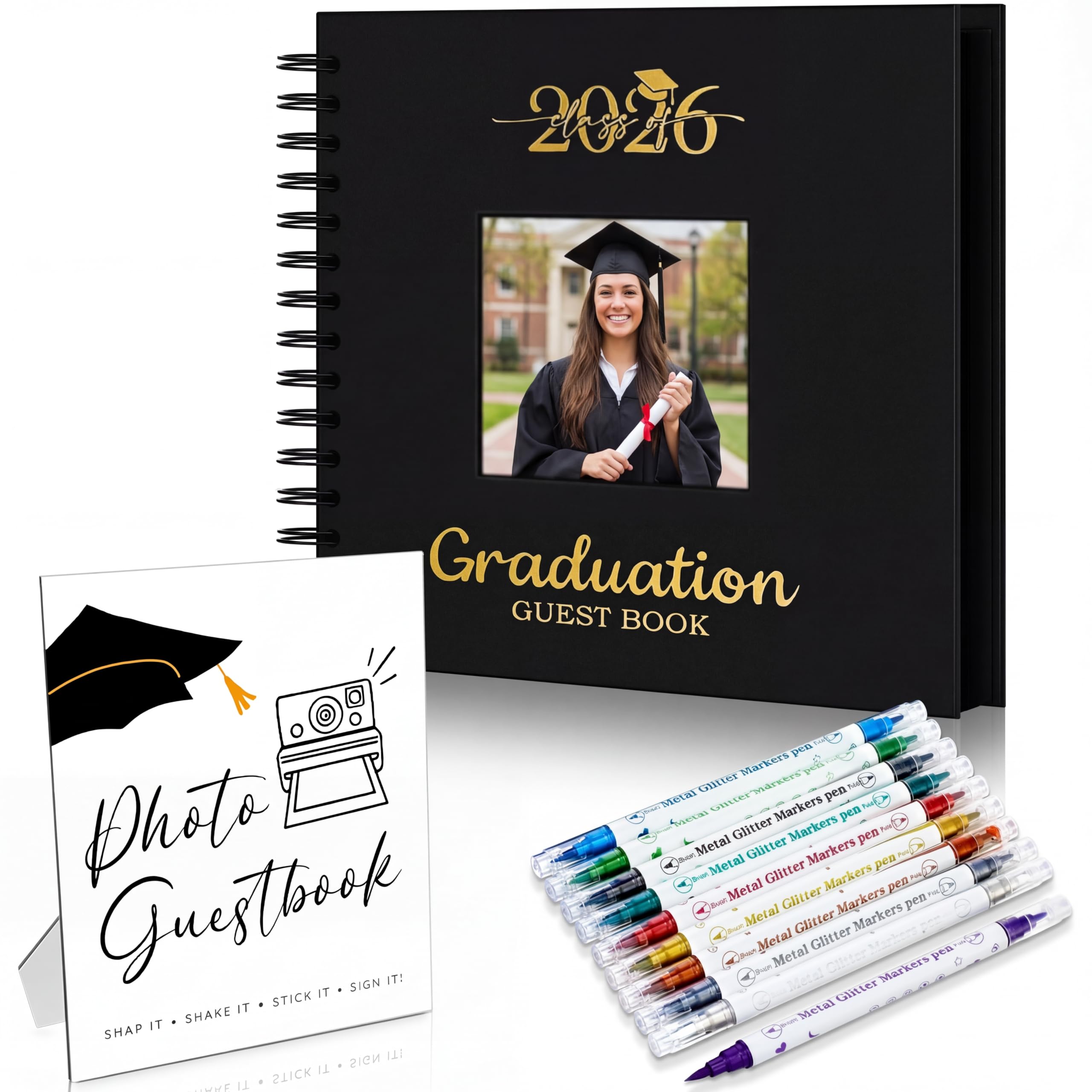 Photo 1 of 12 Pcs 2026 Graduation Guest Book with Photo Sign Decor 80 Pages Class of 2026 Scrapbook Photo Album with 10 DIY Dual Tip Metallic Markers Pens Gift, Exclude Camere(Retro,Black,8 Inches)