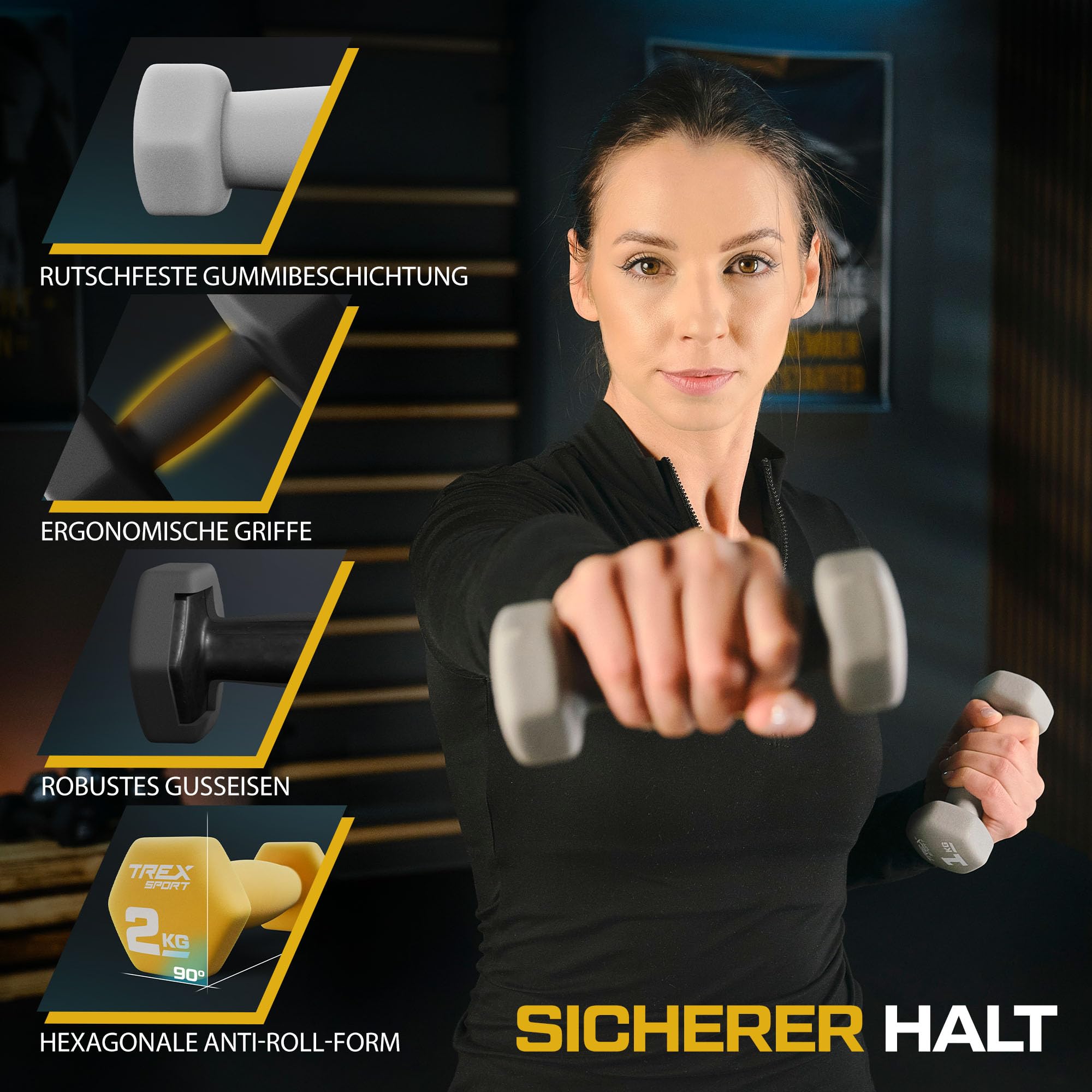 TREX SPORT Zestaw hantli neoprenowych ze stojakiem na hantle | zestaw 6 krótkich hantli 2 x 1 kg, 2 x 2 kg, 2 x 3 kg | zestaw hantli dla kobiet i mężczyzn