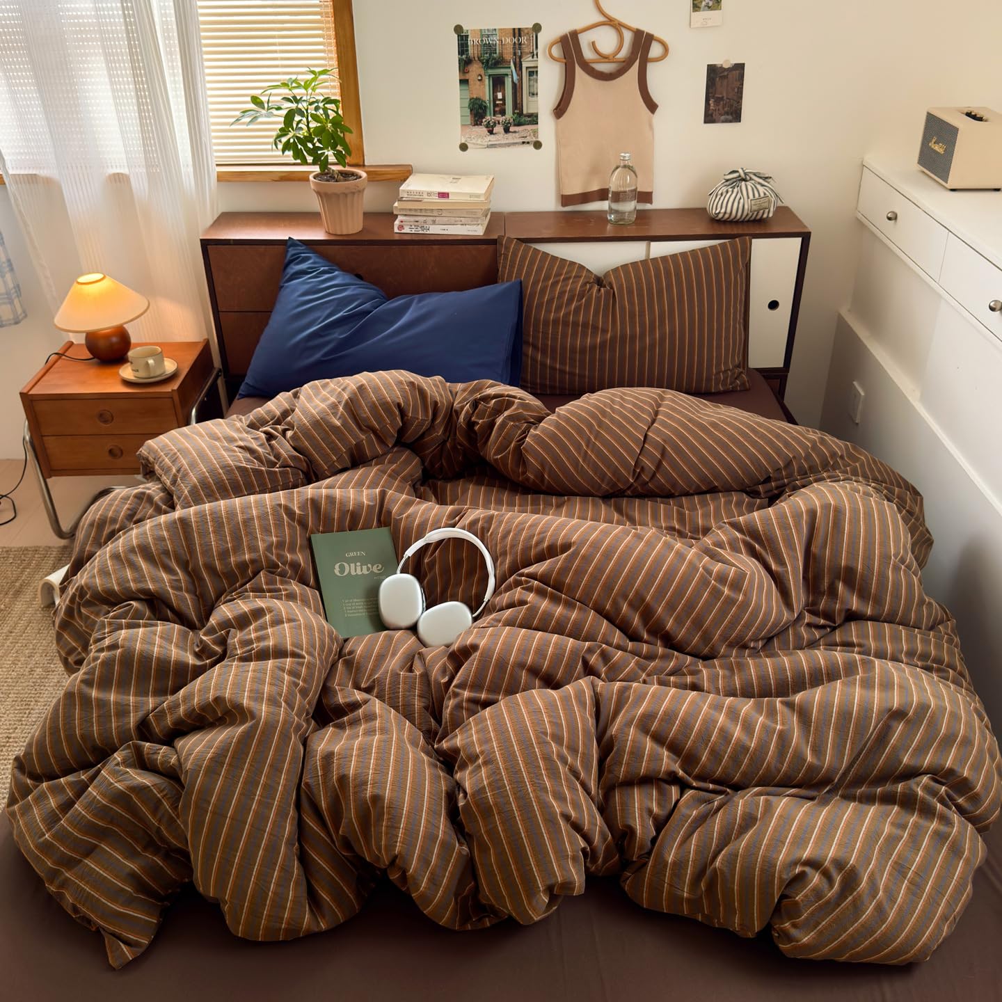 Photo 1 of Erwinmu Striped Comforter Set Full Size Brown Bedding