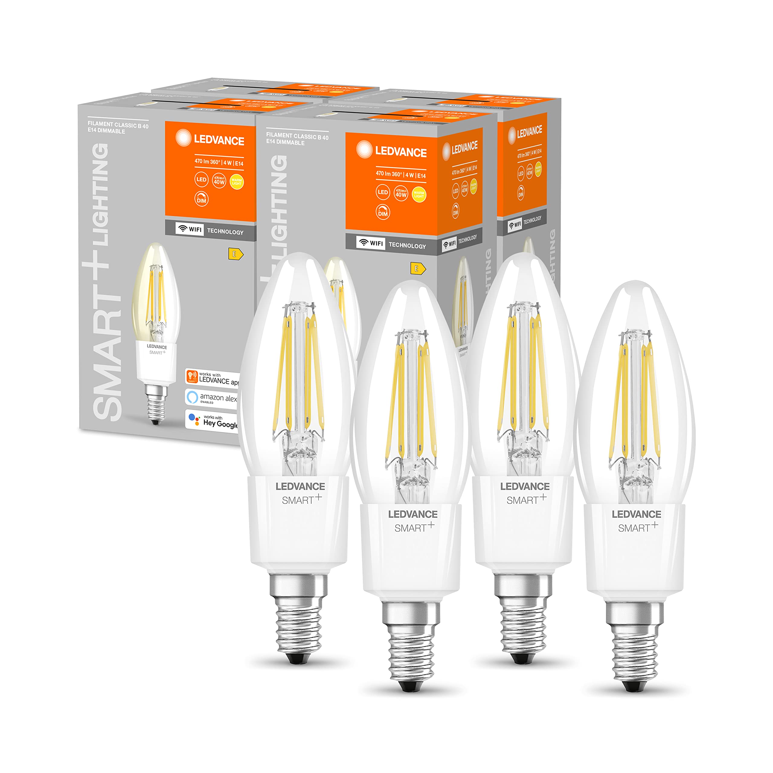 LEDVANCE Inteligentna żarówka LED z technologią Wifi, E14, ściemnianie, ciepła biel, przezroczysty żarnik, zamiennik żarówek 40W, możliwość sterowania za pomocą aplikacji Alexa, Google i innych, 4 pak