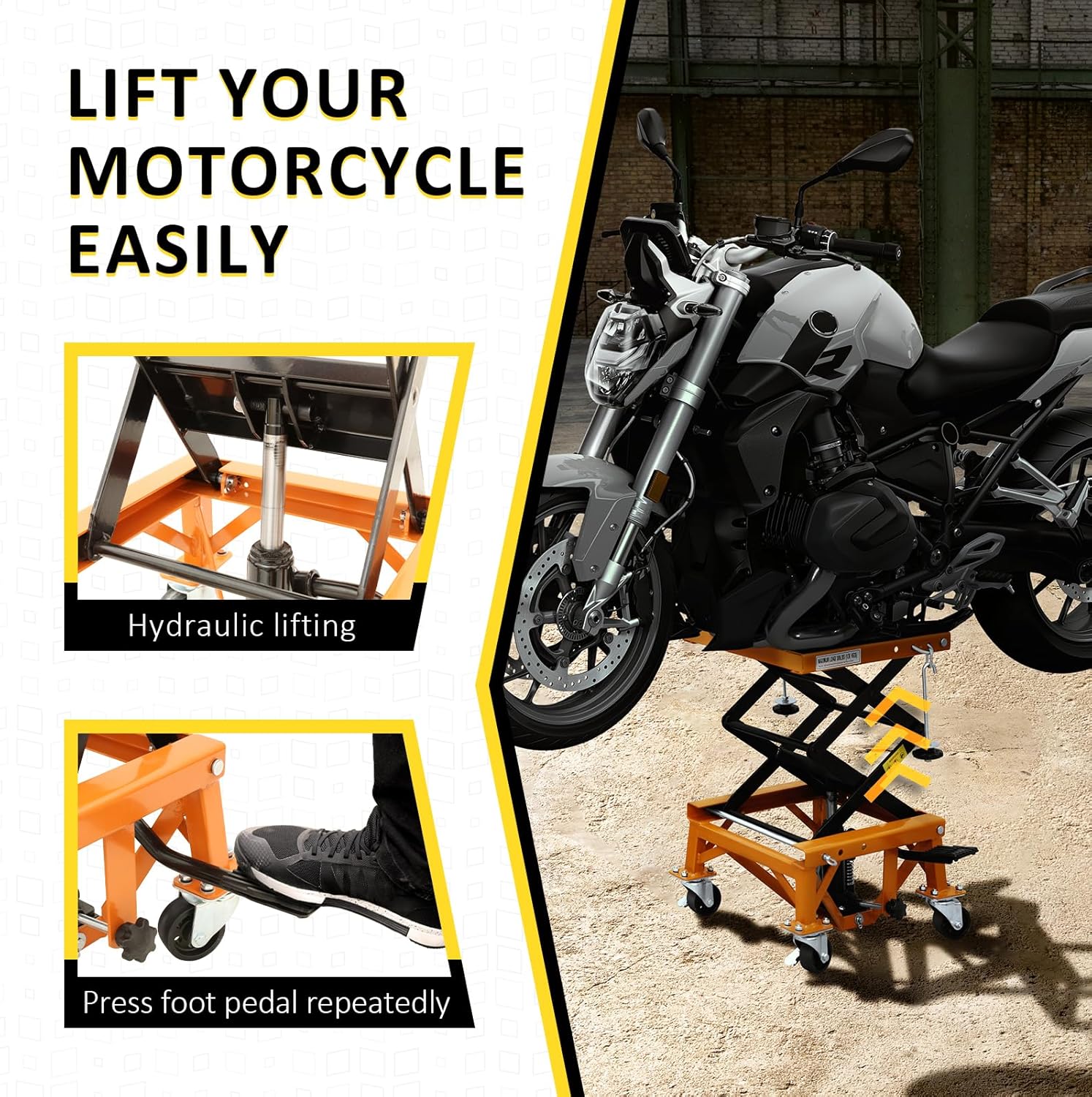 PENSUN Heavy-Duty Hydraulic Motorcycle Lift Table, 350 lbs Capacity Motorcycle Scissor Jack Lift with Wide Deck and J Hooks Fit for Motorcycle Dirt Bike ATV Motorcycle Bike