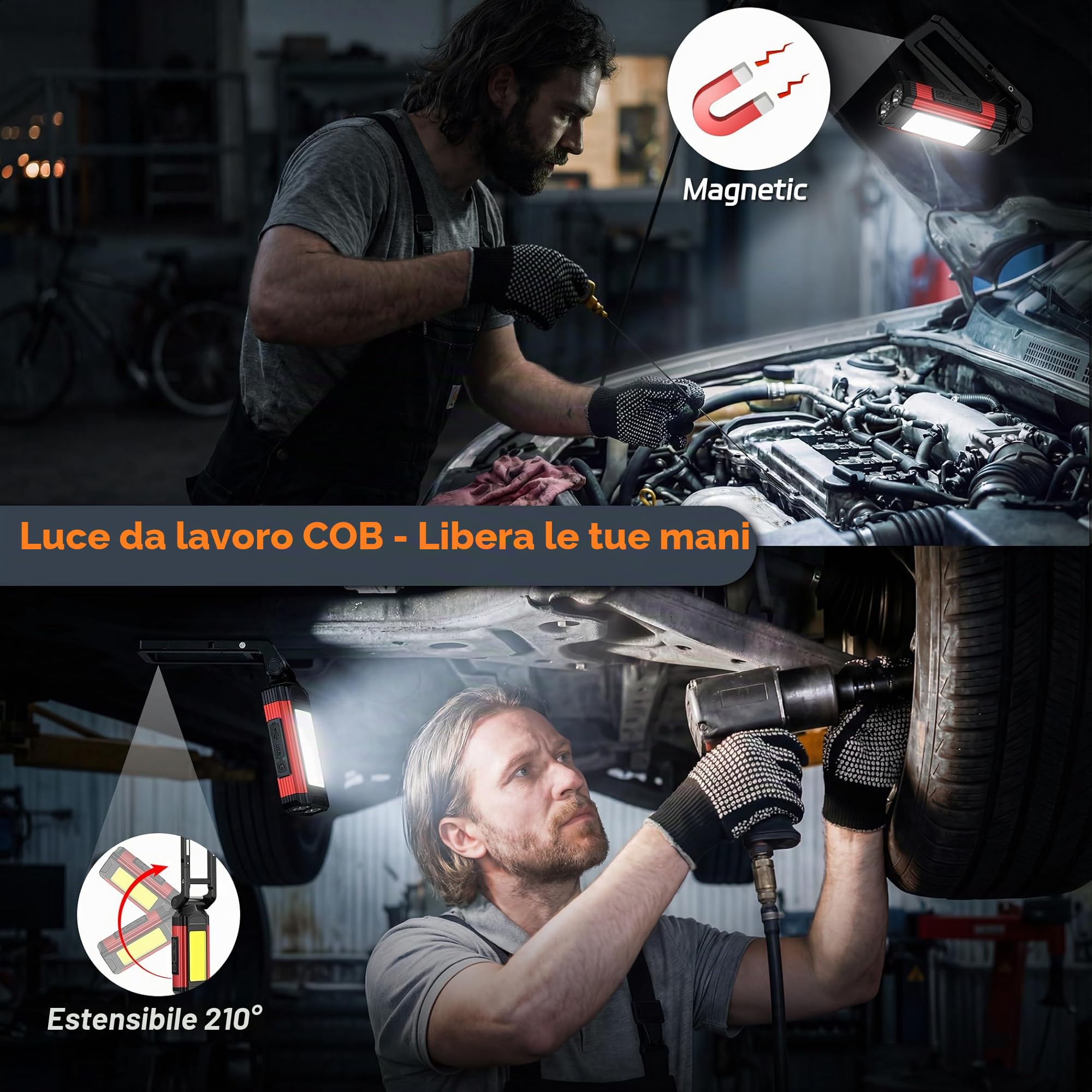 Daphomeu Lampada da Lavoro LED Ultra Luminosa - Lampada da Officina con Batteria Ricaricabile, Base Magnetica e Funzione Girevole - Ideale per Officina, Riparazioni Auto e Campeggio