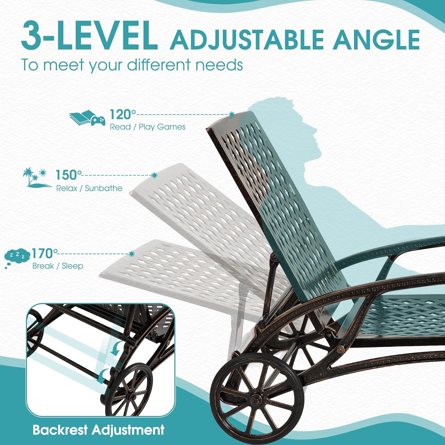 HOMEFUN Chaise Lounge Chair Outdoor, Poolside Lounger Set of 2 Cast Aluminum Tanning Chairs with Adjustable Backrest and Moveable Wheels, Bronze