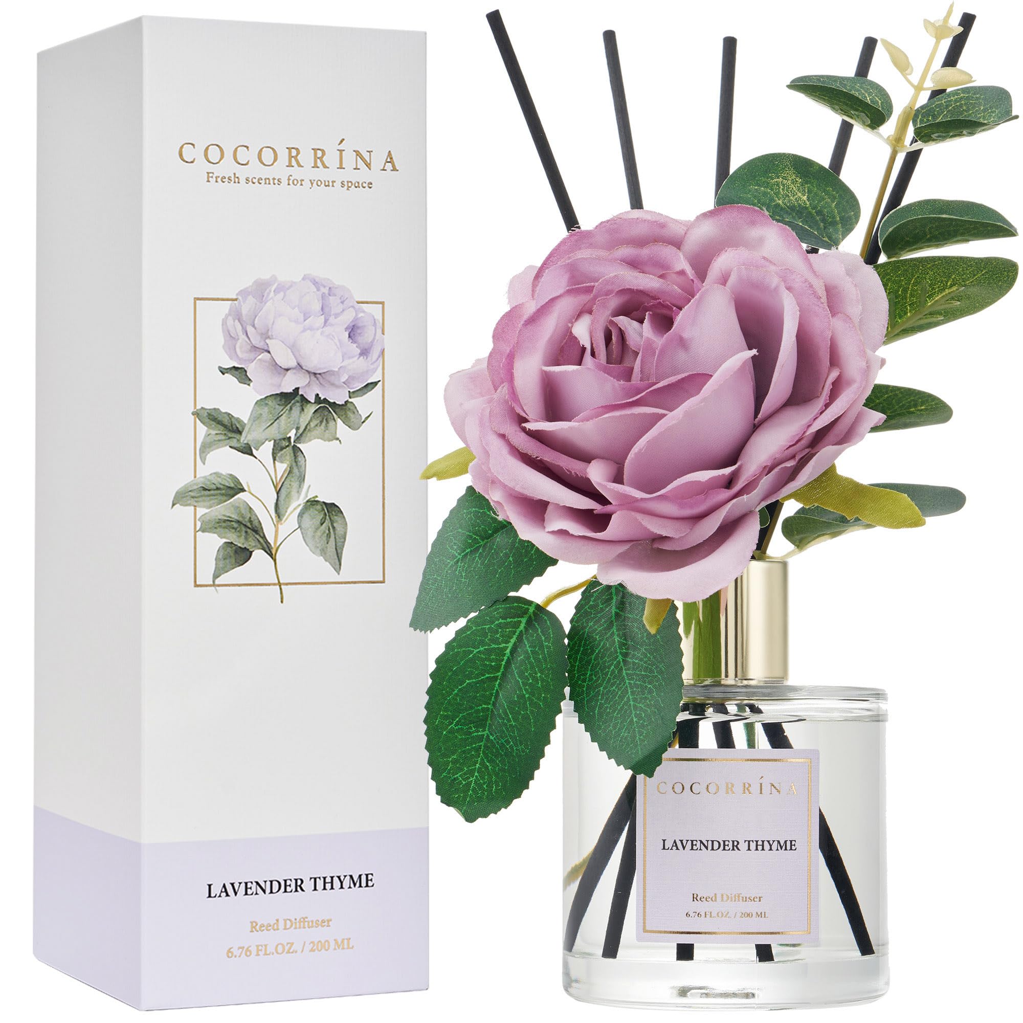 Cocorrína Flower Reed Diffuser - Lavender Thyme 6.7oz Scented Diffuser with Sticks Home Fragrance Essential Oil for Bathroom Shelf Decor (Artificial Flower)