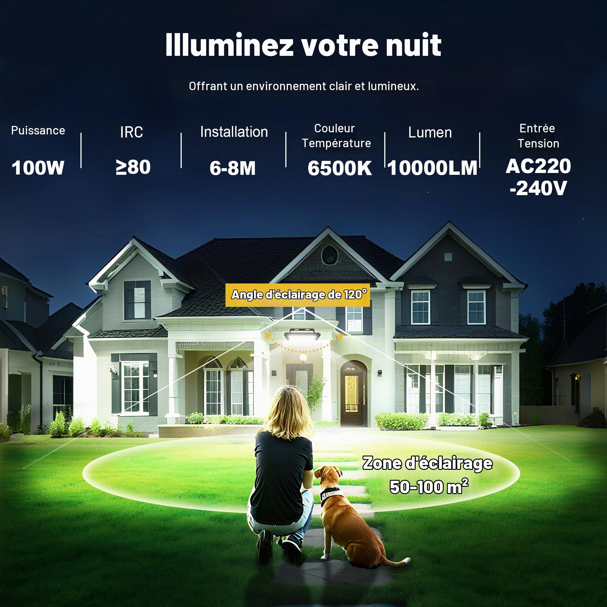 Projecteur Led Extérieur Detecteur de Mouvement, 100W 10000LM IP66 Etanche Éclairage Exterieur, 6500K Lampes de SéCurité D'ExtéRieur Avec dé Tecteur de Mouvement pour Garage, Cour, Jardin