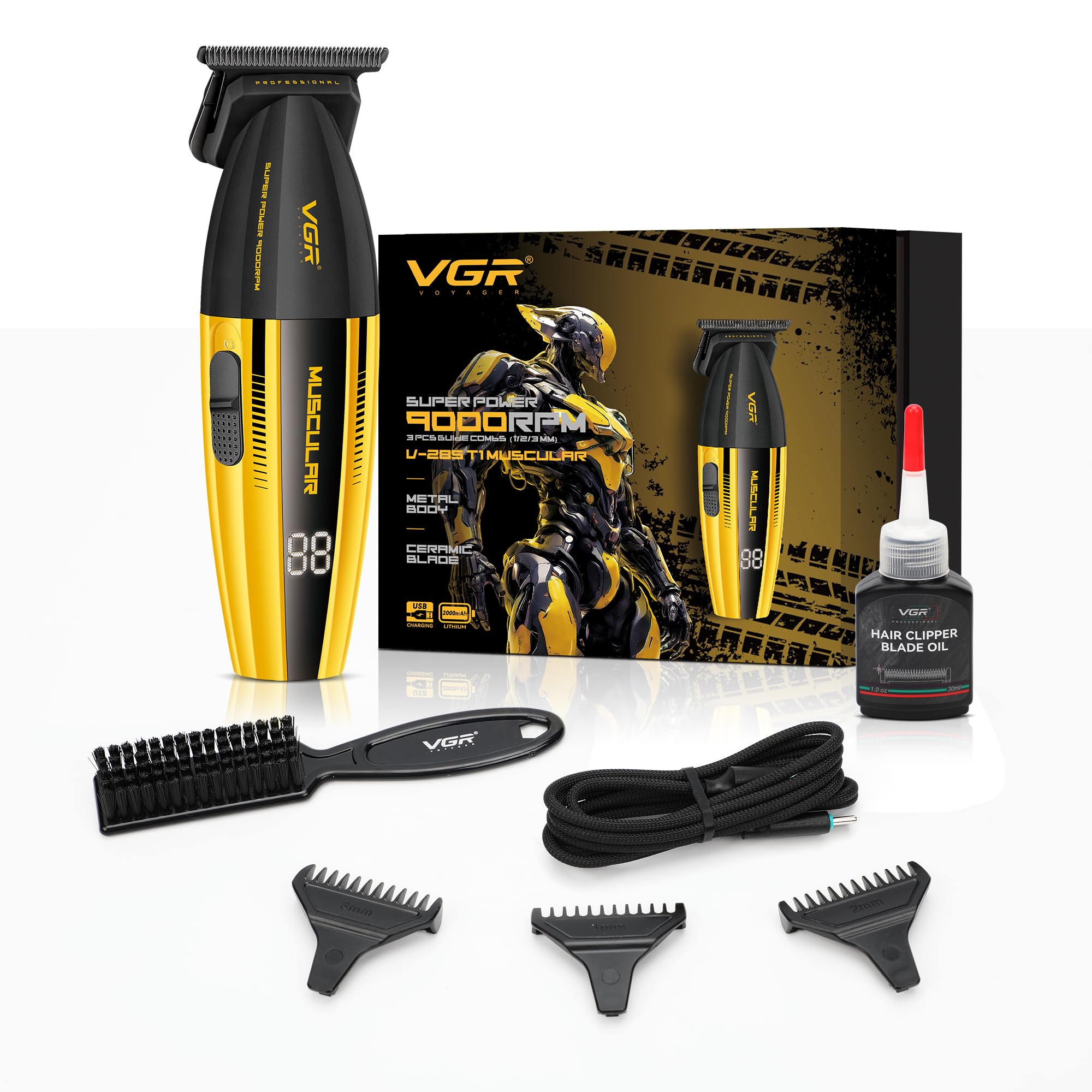 VGR Professioneller Haarschneider für Männer, 9000 U/min Hochgeschwindigkeits-Elektromotor, eng geschnittene Präzisions-DLC-Klinge, kabelloser USB-C-Akku, Barber & Home Bart-Stoppelpflege, Detailer