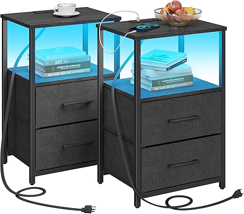 Miniatura 14 de TUTOTAK Mesa auxiliar con estación de carga, mesita de noche, mesa auxiliar con 2 puertos USB y tomacorrientes, mesita de noche con cajón de tela,