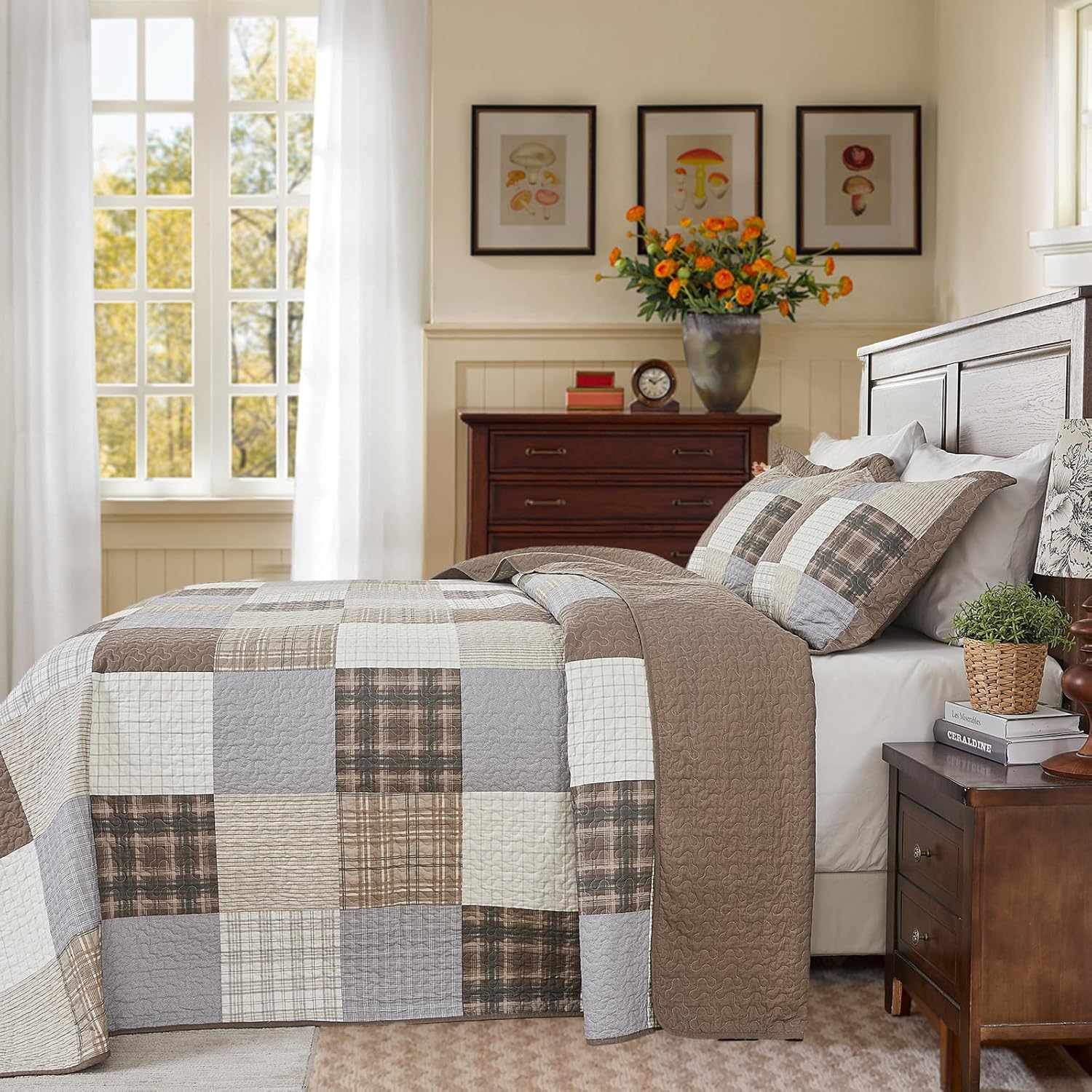 Quilta 100% Cotton Oversized King Bedspread 128"x120", Farmhouse Cabin Plaid Quilt Bedding Set, Soft Lightweight California King Comforter Set 3 Pieces, Rustic Coverlet, Gray/Khaki/Brown/Beige