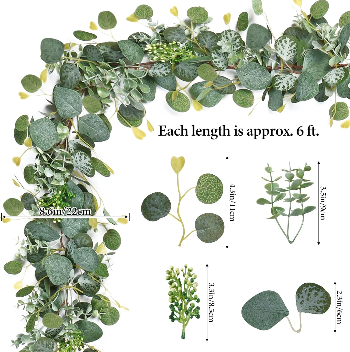 2PCS Eucalyptus Garland,5.9FT Artificial Greenery Garland with Berries,Green Spring Garland Decorations,Fake Silver Dollar Eucalyptus Leaves Wreath Garland for Table Home Mantle Wedding Decor