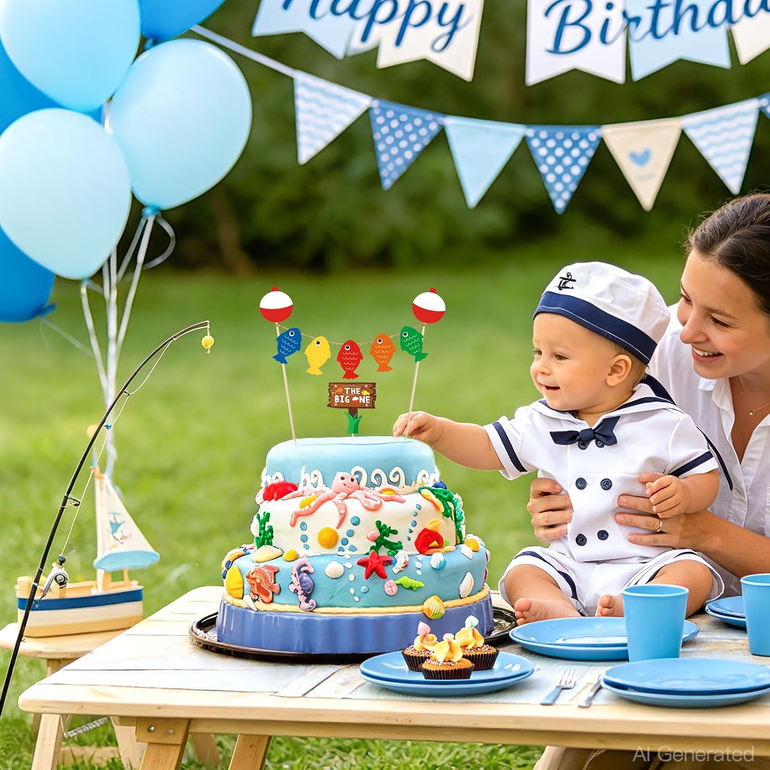 The Big One Cake Topper for Baby 1st Birthday, Ofishally One Decorations Fishing Theme Party Supplies with Fish Banner & Bobber Decor for Boys and Girls