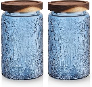 2 pack Decorative Mason Jars with Wooden Lids Colored Glass Kitchen Canister for Coffee Tea Cookie Airtight Vintage Food Storage Container with Embossed Floral Pattern (Blue Floral, Large)