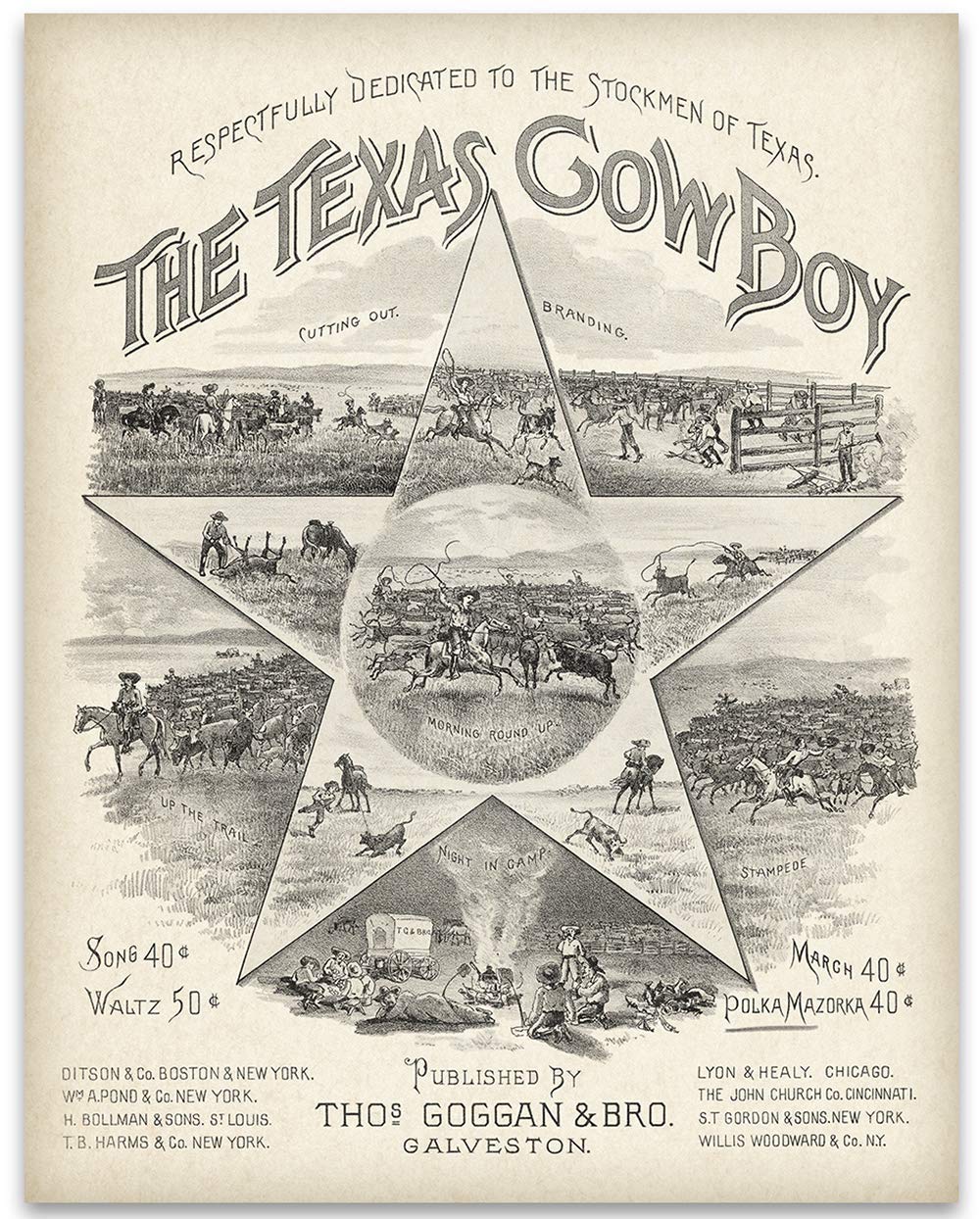 1886 Record Jacket Texas Cowboy - 11x14 Unframed Art Print - Great Vintage Gift and Decor for Thomas Goggan and Music Fans Under $15