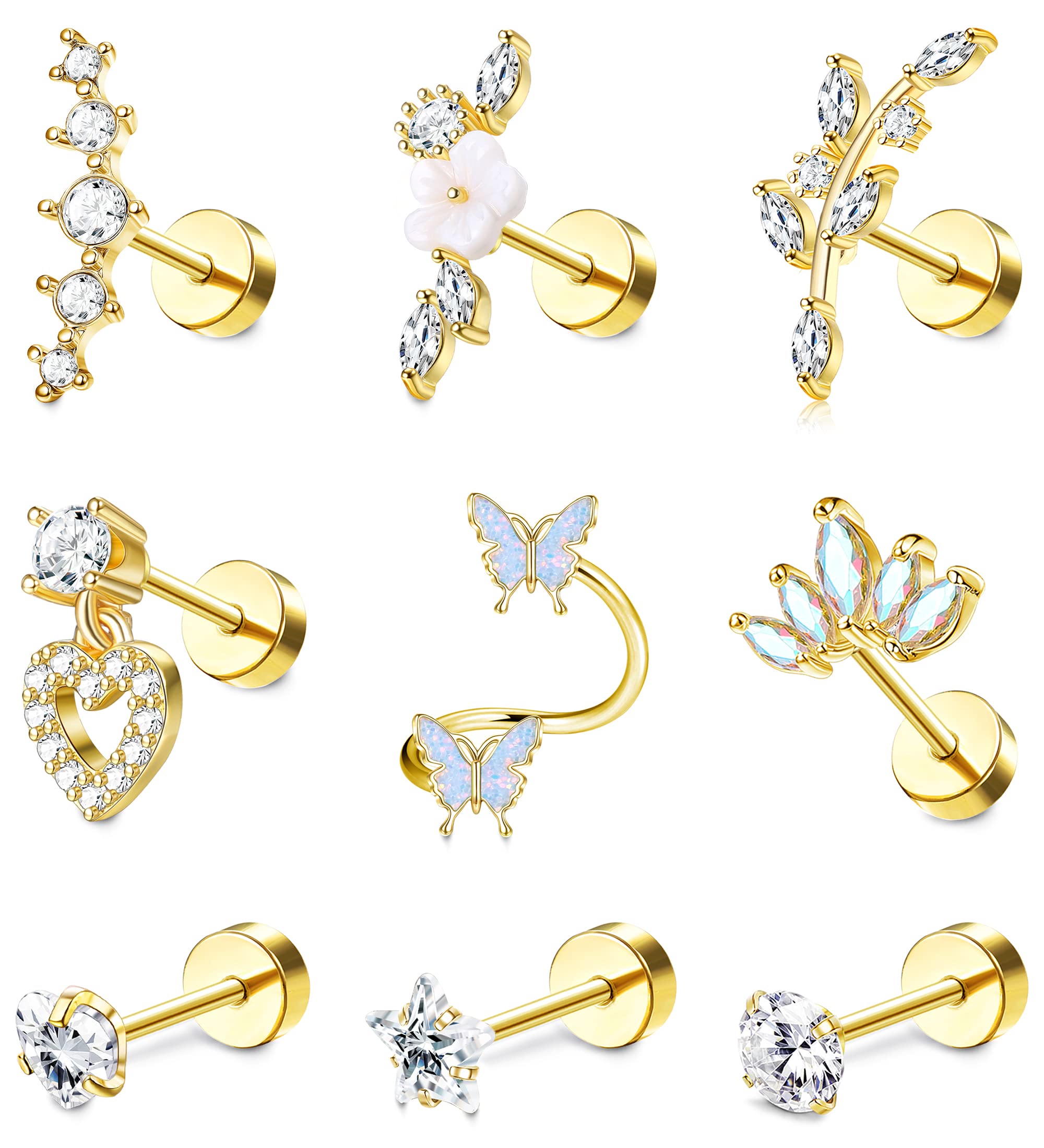 9 Pcs 16G Helix Earrings for Women Surgical Steel Conch Tragus Earrings Piercing Butterfly Flower Snake Ear Piercing Earrings Stud Cartilage Earrings Set Helix Tragus Piercing Jewellery