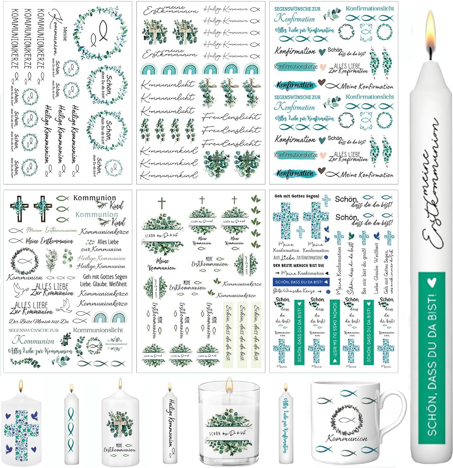 Kerzentattoos Kommunion, 6 Stück A5 Konfirmation Kerzenfolie, Kerzenfolie Kommunion, Konfirmation Kerzen Tattoo Folie, Kerzenaufkleber für DIY Kerzen Tattoo Deko, Konfirmation Taufe