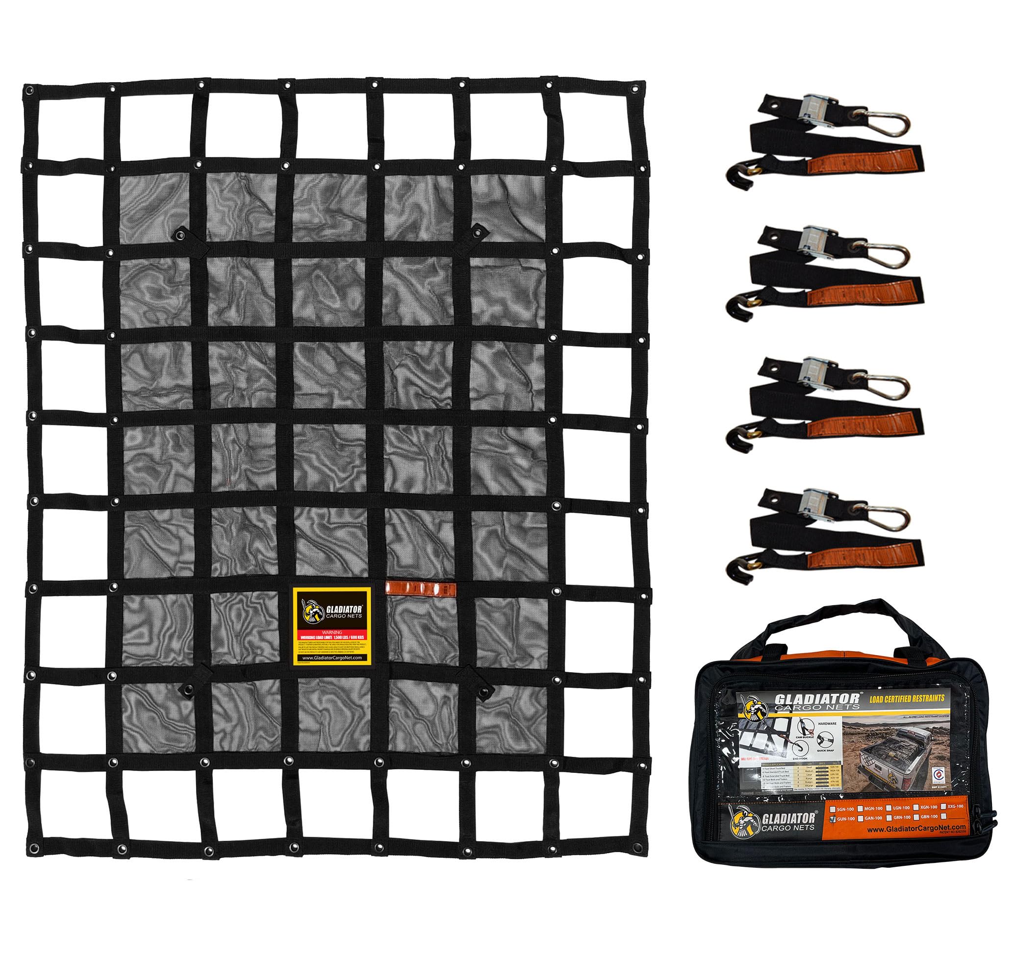 - GLADIATOR CARGO NETS - Heavy Duty Cargo Net-(WLL): 1,500 lbs - TruckAccessory - Cargo Carrier - Truck Organizer -Truck Bed Cover-Trailer-Pickup-Boat-Jeep-SUV-5ft Bed (SGN-100) 4.75' x 6' ft.