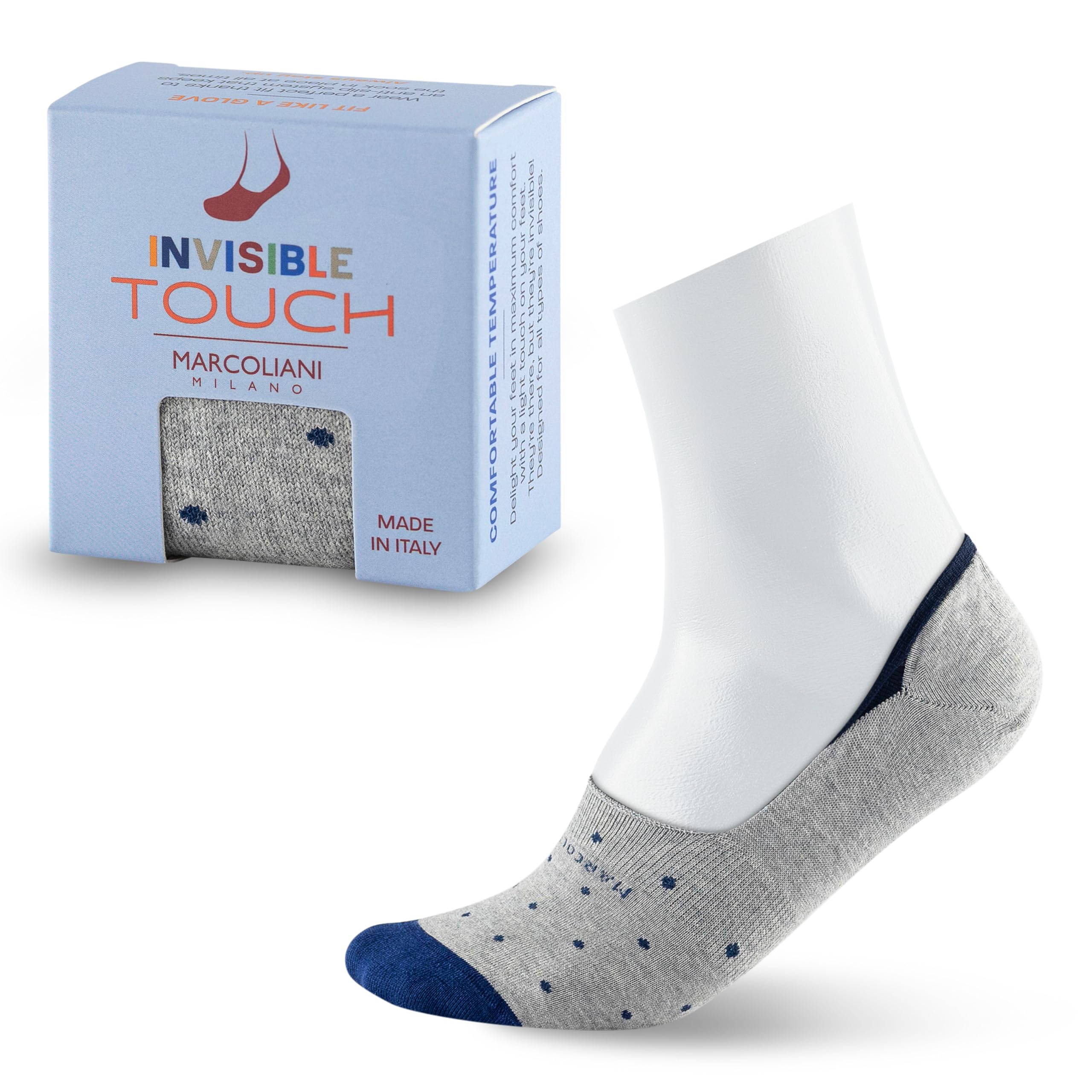 Marcoliani Milano Men's Polka Dot Invisible Touch Liner Sock, Silver Grey