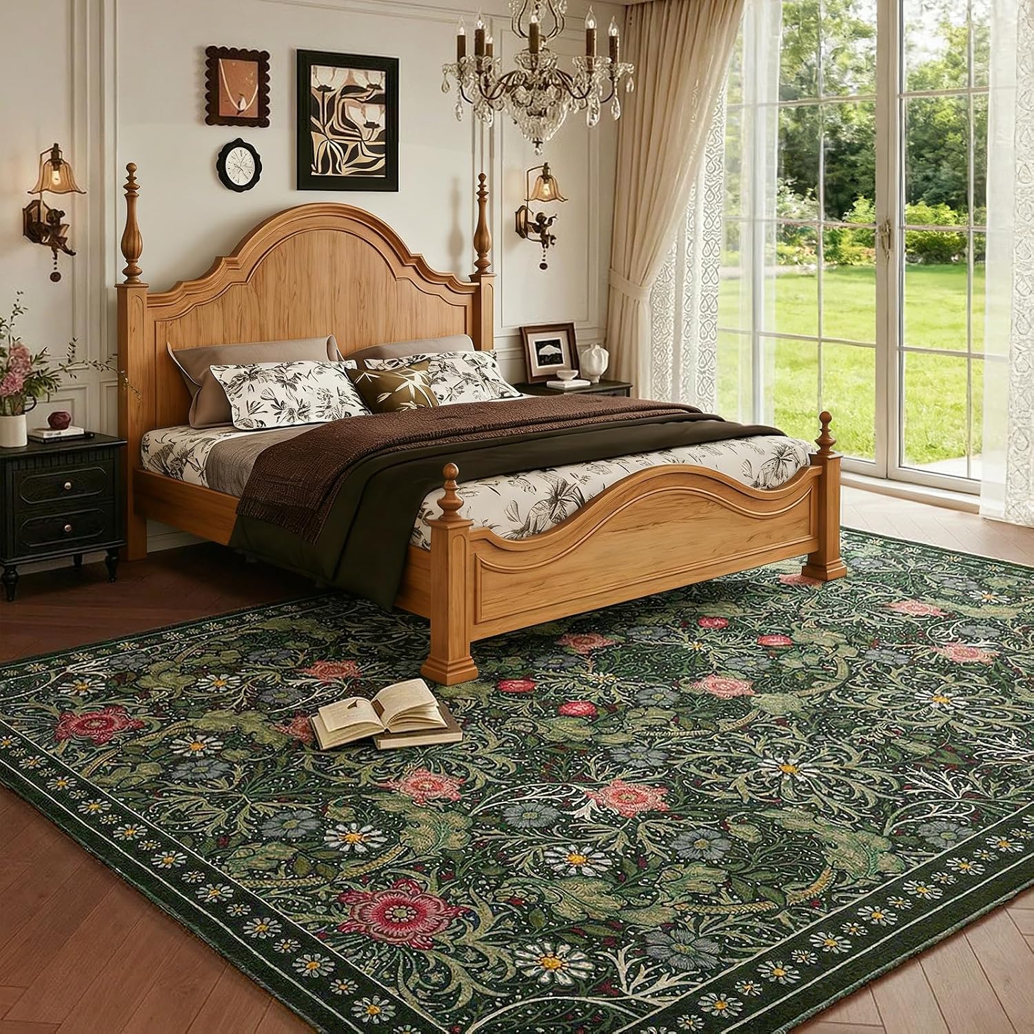 ThreadGlobe Area Rugs for Living Room, Floral Faux Wool 8x10 Area Rugs, Soft Stain-Resistant Washable Rug, Non-Slip Rugs for Bedroom, Nursery, Playroom,Home Office, Dark Green