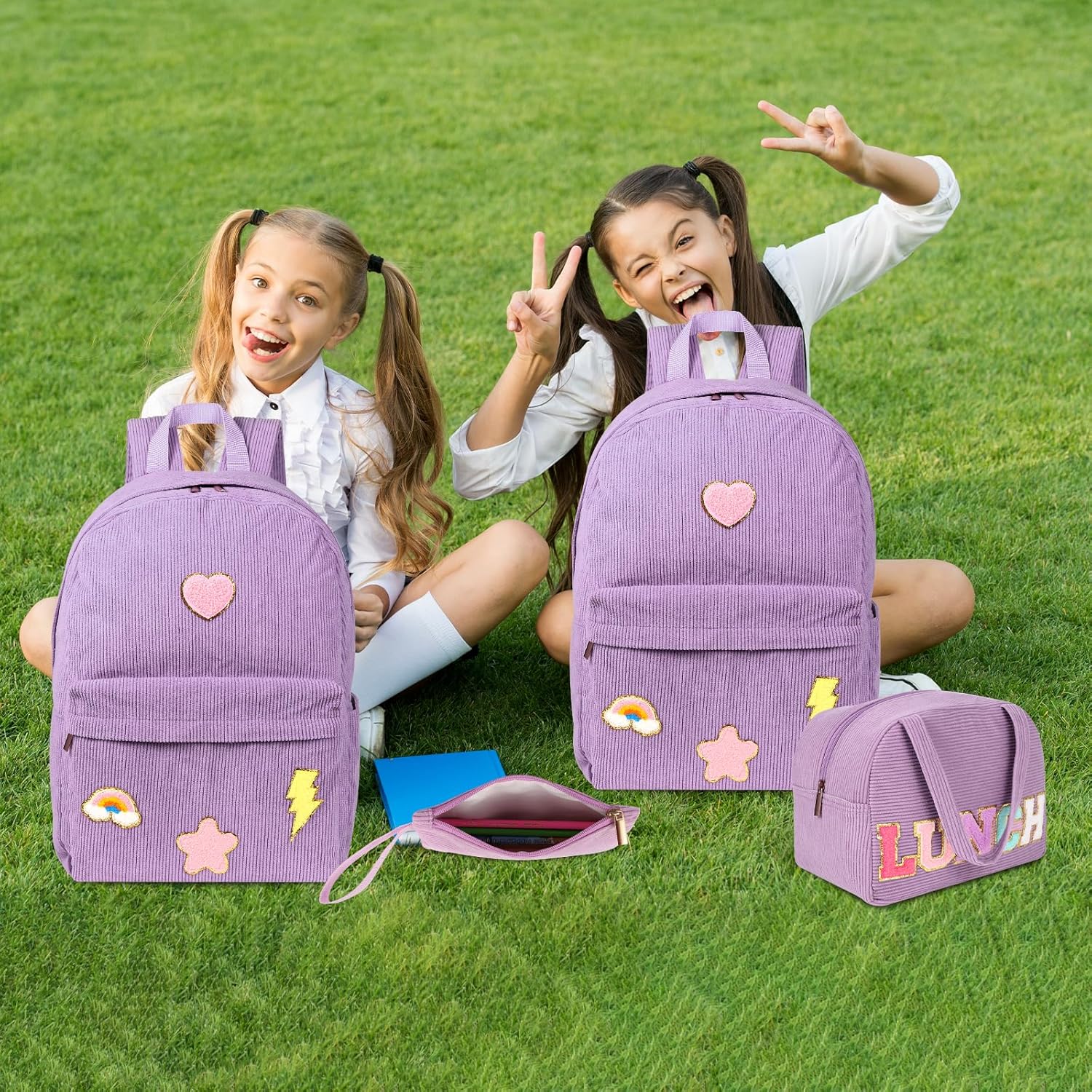 Kolewo4ever 3 Pieces Corduroy School Backpack Set Preppy Book Bookbag Corduroy Chenille Letter Bookbag with Lunch Bag and Pencil Pouch for Teen Girls Women Laptop Backpack College Bookbags - Image 6