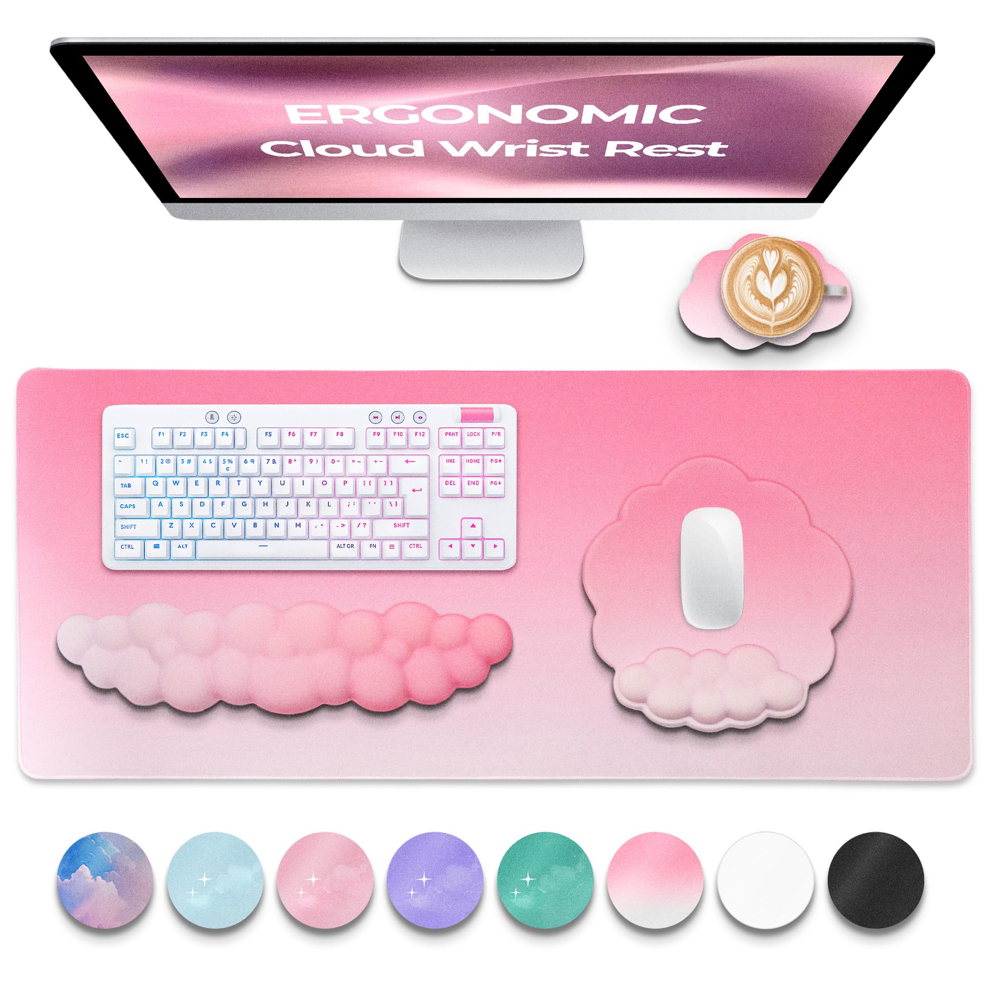 TheTrulyCharter- Cloud Wrist Rest Keyboard, Mouse Pad, Wrist Rest for Computer Keyboard, Cloud Drink Coaster and Simple Mouse Pad. (Pink-Gradient)