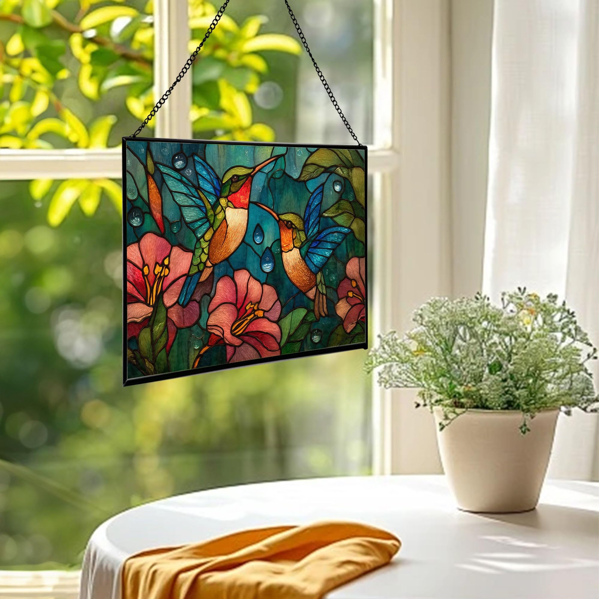 Hummingbirds Drinking From Rain-Drenched Petals Rectangular Stained Glass Suncatcher –Hanging Window Panel with Animal & Nature Scene–Vibrant Glass Art Gift for Wildlife, Fantasy, Nature Lovers XLa9ML