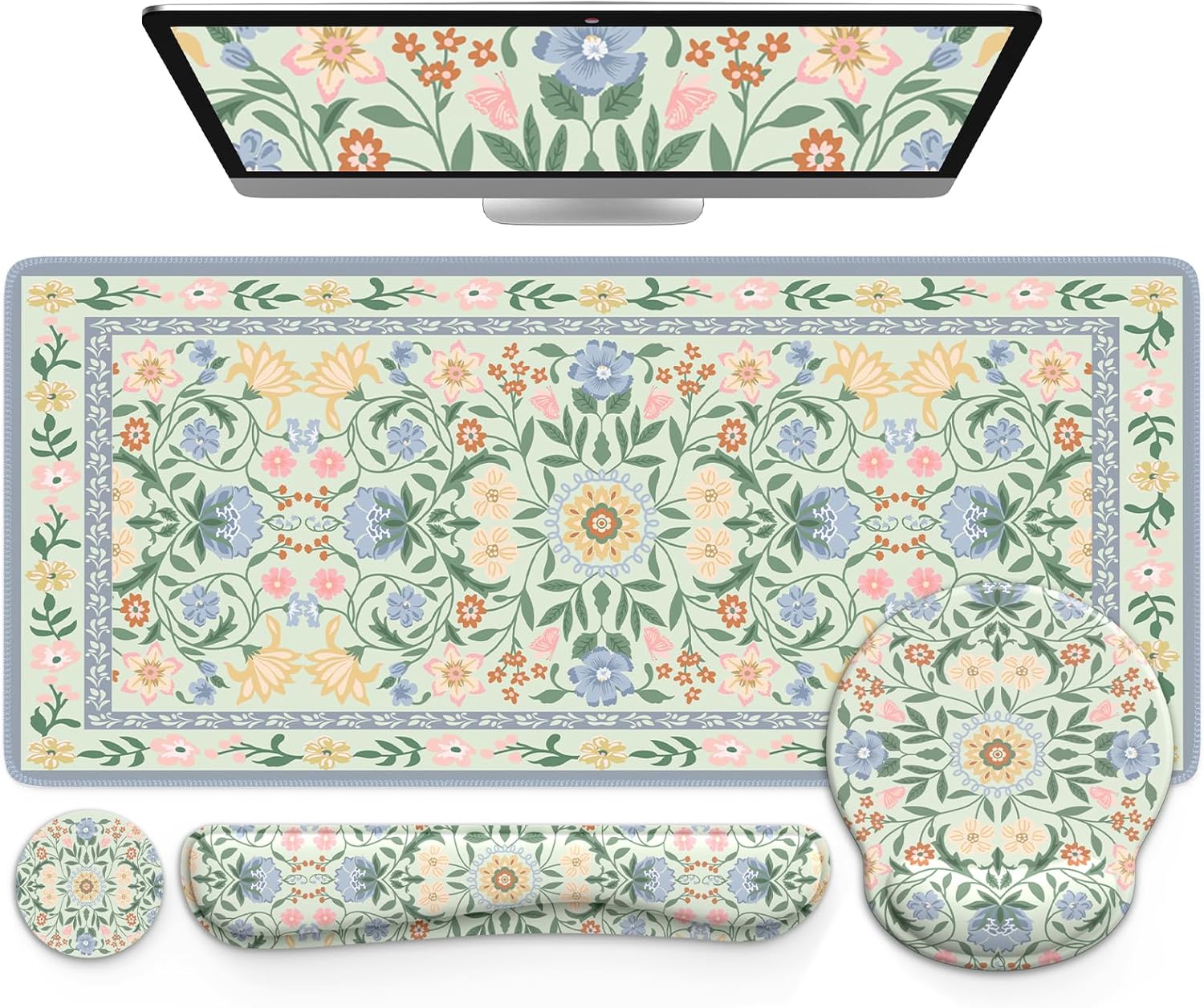 iCasso Desk Cover Mat, Gaming Mouse Pad Wrist Support Set,4in1 XXL Large Mousepad + Keyboard Wrist Rest+Mouse Wrist Rest+Coaster Set with Ergonomic Design for Home Office Table Computer(Green Flowers)