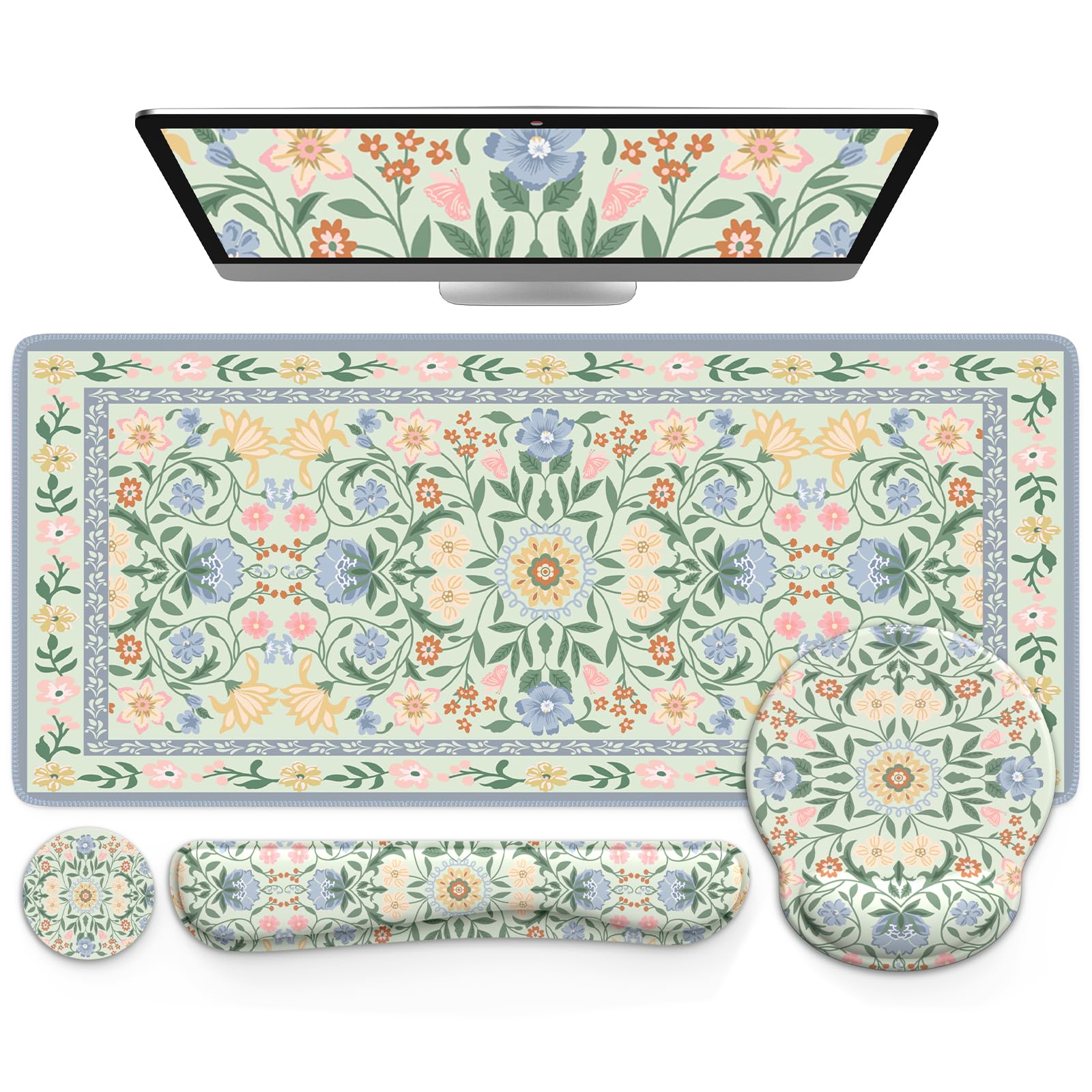 iCasso Desk Cover Mat, Gaming Mouse Pad Wrist Support Set,4in1 XXL Large Mousepad + Keyboard Wrist Rest+Mouse Wrist Rest+Coaster Set with Ergonomic