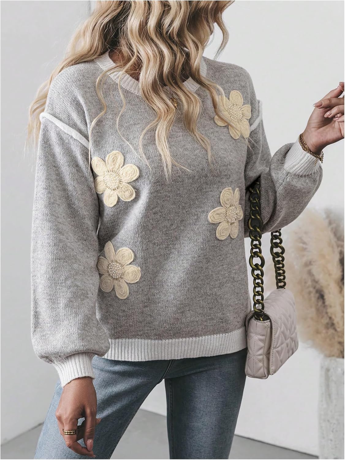 Floerns Women's 3D Floral Long Sleeve Knitted Pullover Top Loose Fit Crew Neck Sweater - Image 5