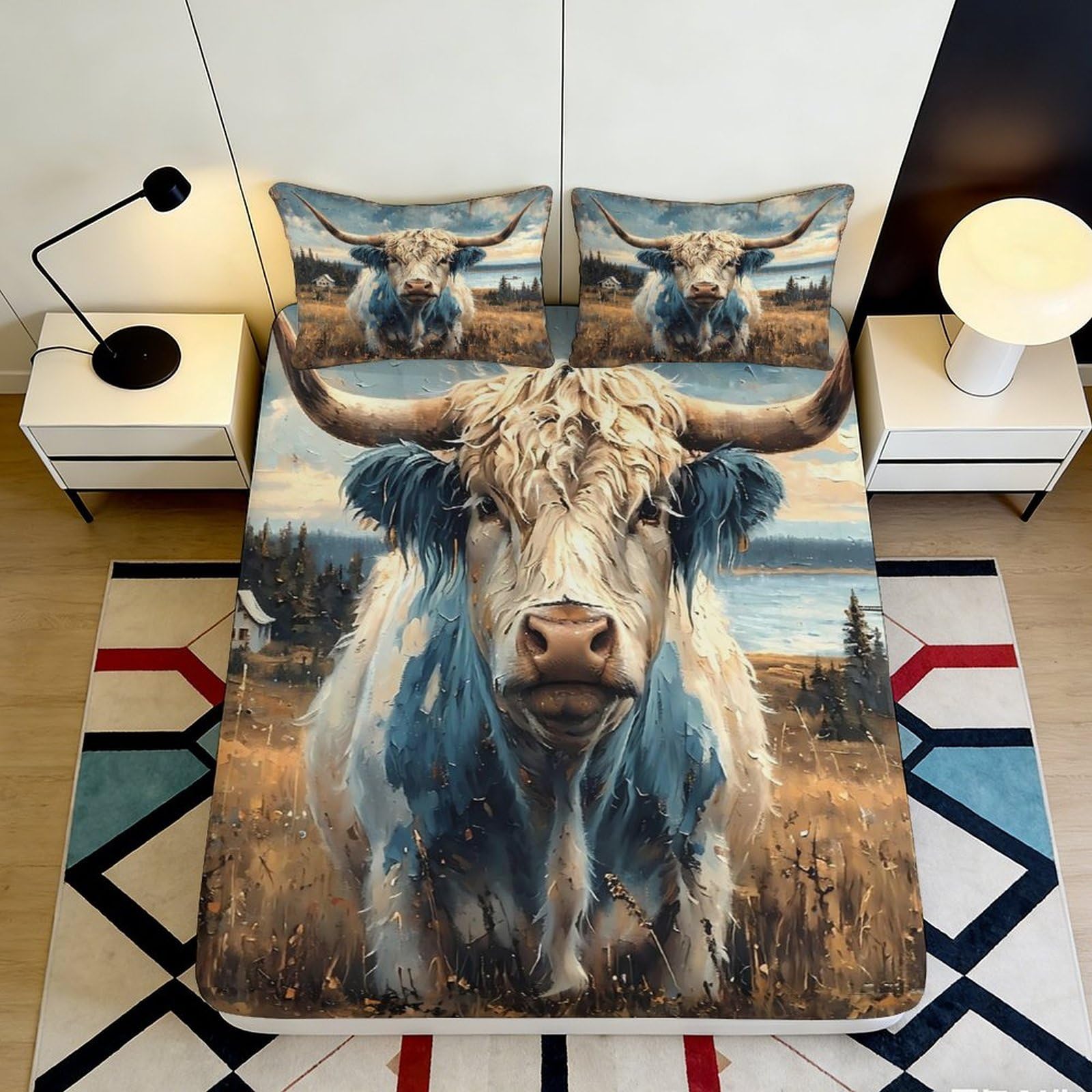 Dhbaneiok Style-5 3D Printed Highland Cow Fitted Sheet Microfiber Soft Breathable Pastoral Grassland Mattress Cover For Bedroom Guest Room Decor 115 90X200x25cm