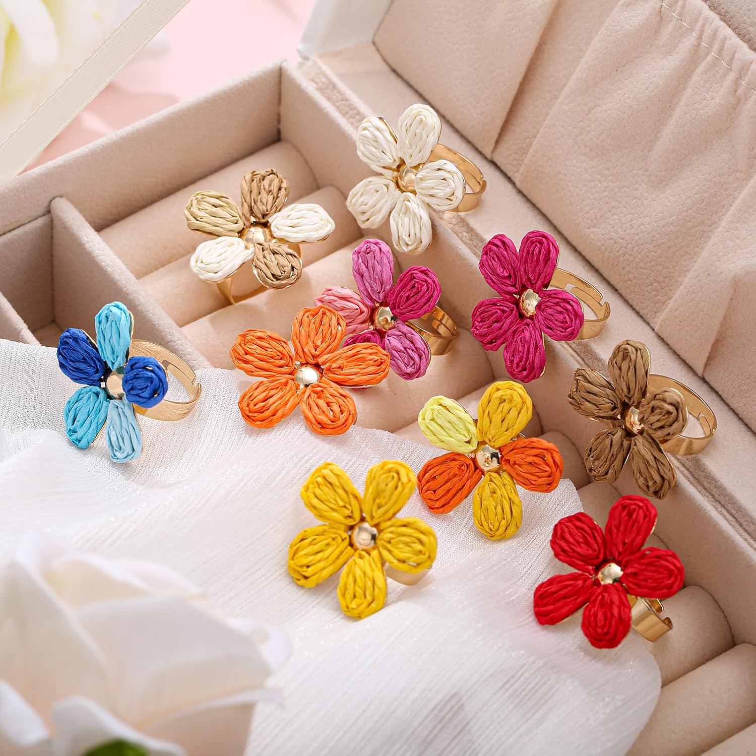 Women's Raffia Flower Ring, Handmade Adjustable Spring Summer Jewelry - Image 5