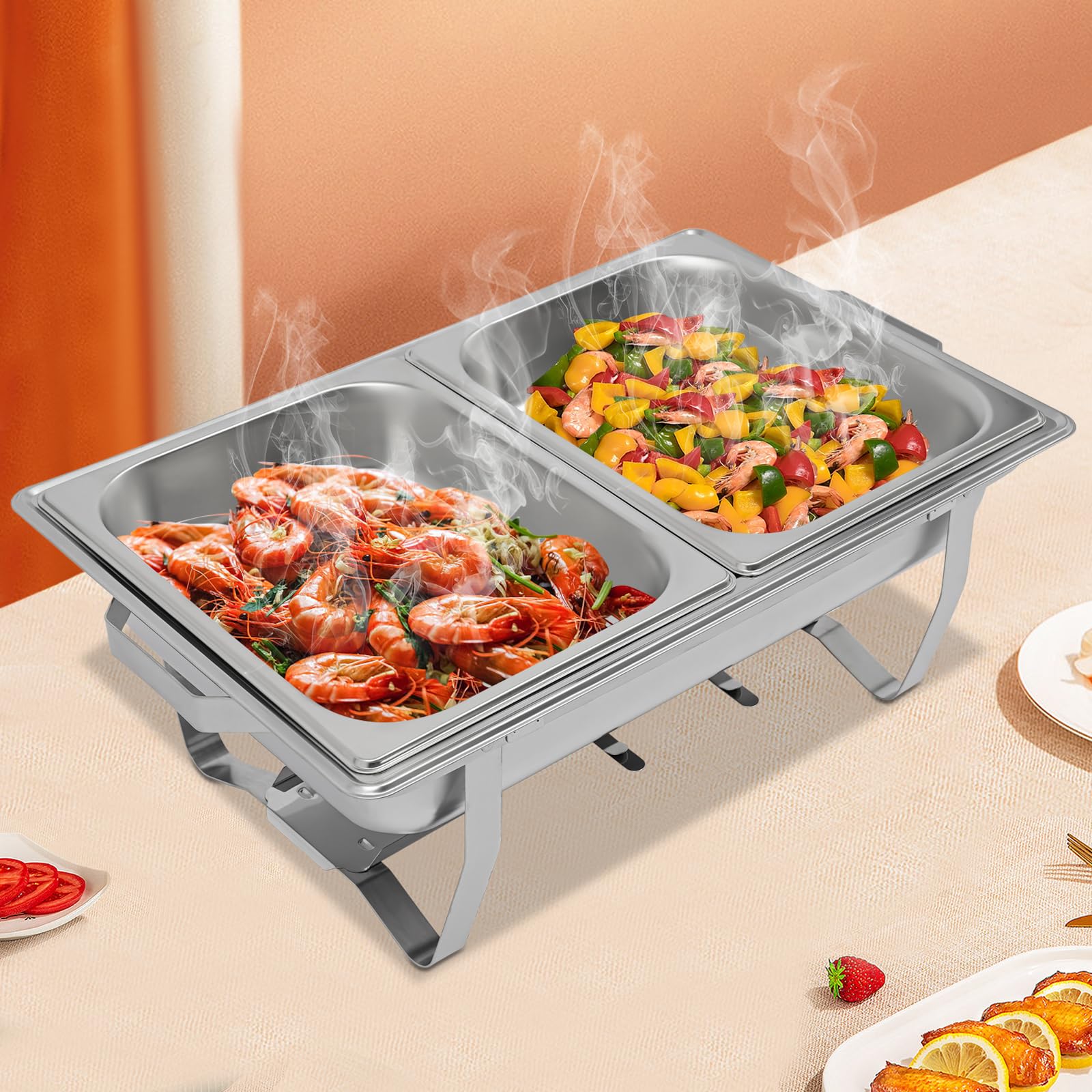 Chafing Dish Set scalda buffet, 6 l, in acciaio inox, con 2 contenitori, scalda buffet rettangolari per catering, feste, matrimoni, ristorante, struttura e supporto per combustibile inclusi