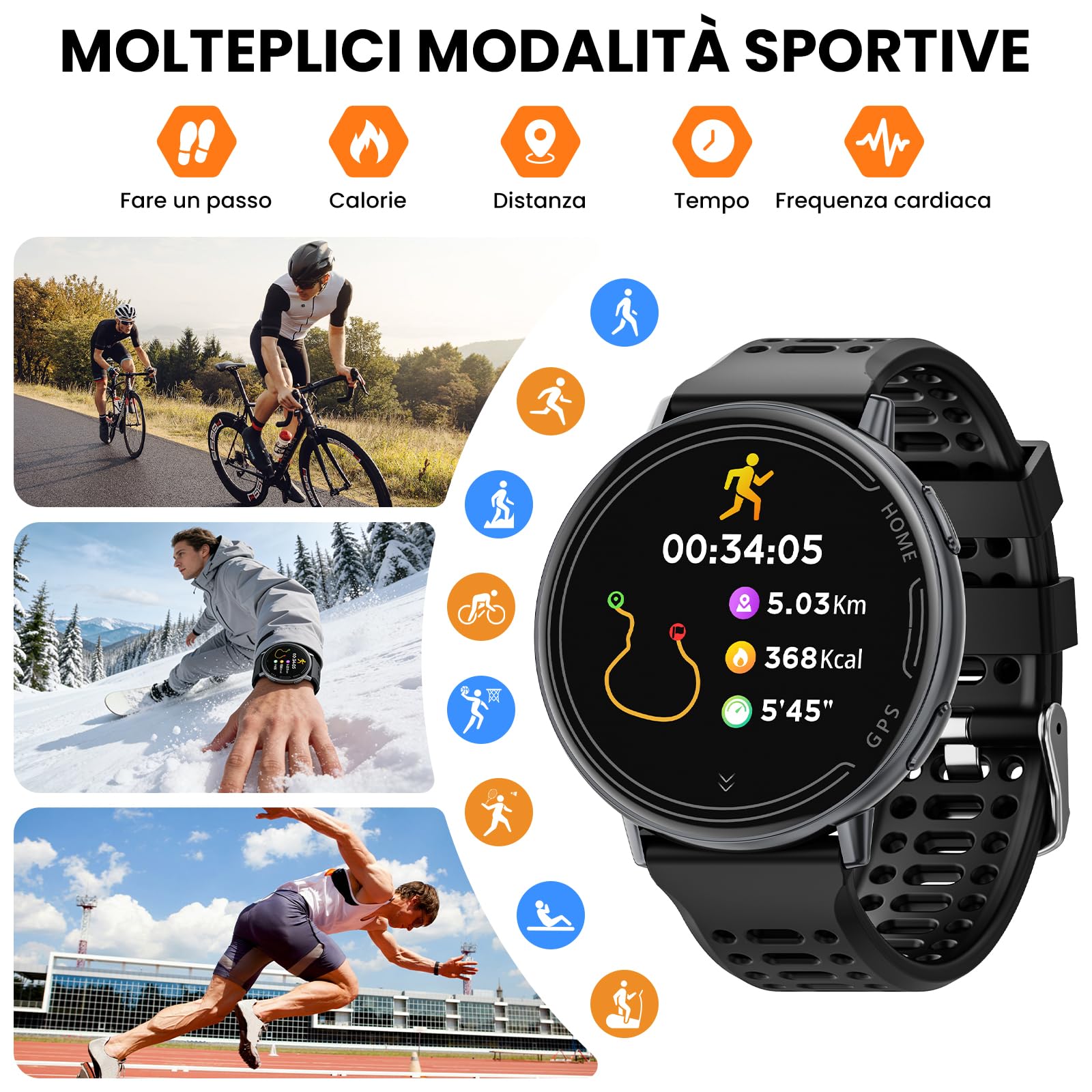 Orologio intelligente GPS per uomini e donne, schermo HD da 1,39 pollici, supporto per le chiamate, diverse modalità di movimento, compatibile con Android e iOS (Nero)