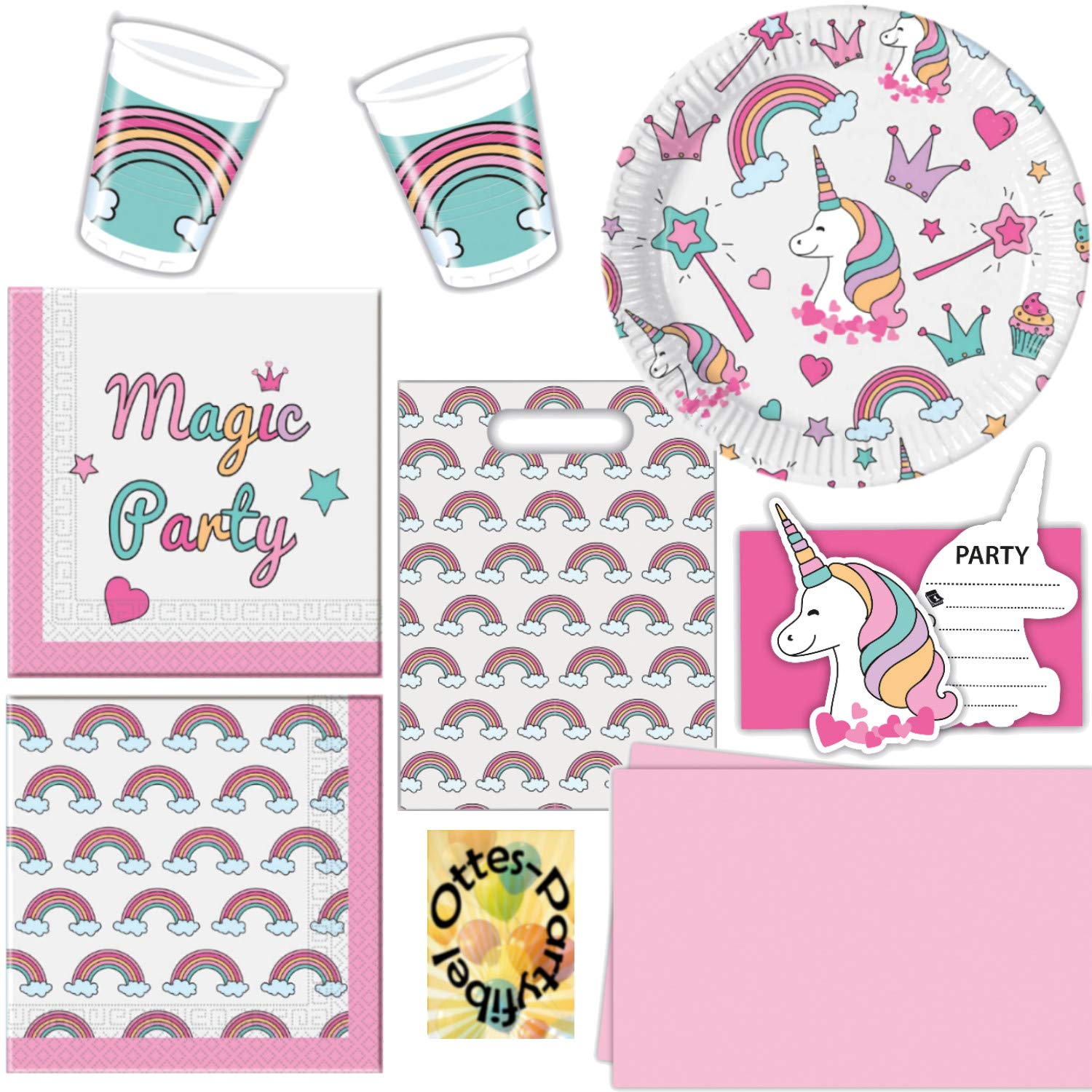 Magic Unicorn Einhorn Partyset 78tlg. für 12 Gäste Teller Becher Servietten 2 Tischdecken Einladung Mitgebseltüten