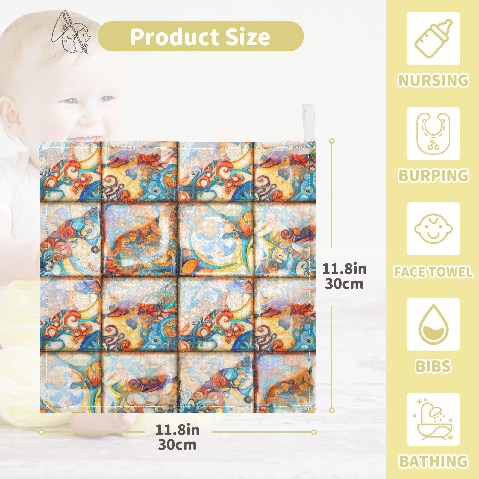 Kigai Colorful Mediterranean Style Ceramic Tiles Baby Washcloths,5pcs Ultra Soft Absorbent Towel,Newborn Bath Face Towel, Natural Reusable Baby Wipes for Sensitive Skin, Baby Registry as Shower