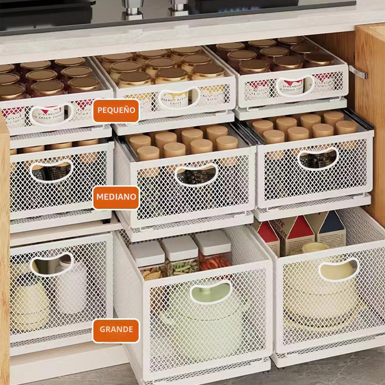 Cesta organizadora deslizante para armario, cajón autoadhesivo, estantes de despensa, acero al carbono, cesta de almacenamiento con asa para baño, cocina, hogar