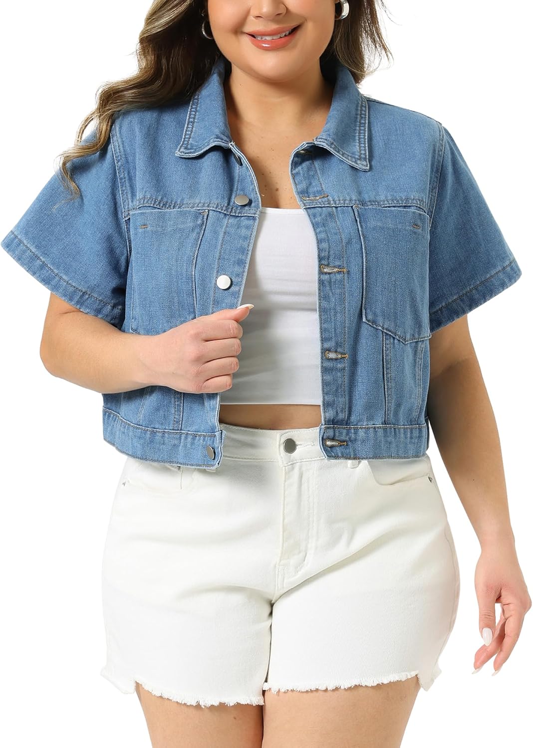 Agnes Orinda Plus Size Denim Jackets for Women Classic Short Sleeve Button Down Washed Cropped Jean Jacket
