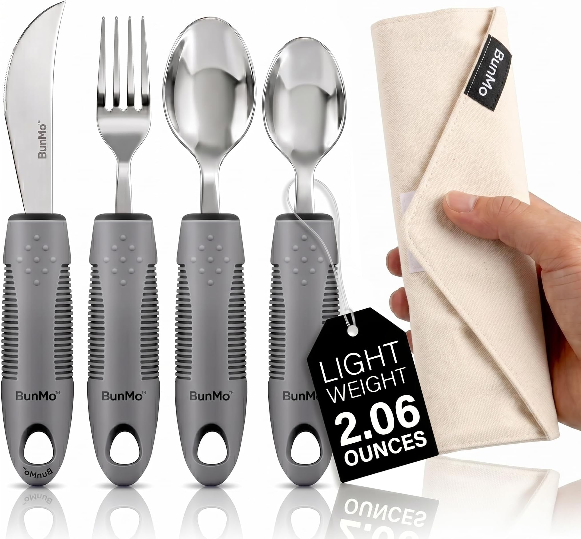 BUNMO Adaptive Utensils for Elderly, Tremors & Weak Hand Grips โ 4pc Lightweight Assistive Silverware Set with Foam Easy Grip Handles โ Discreet Canvas Travel Wrap โ Dishwasher Safe