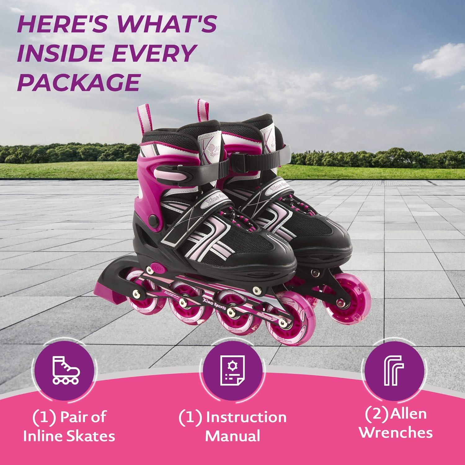 Fuschia Inline Skates (M) + Pink Protective Gear Bundle