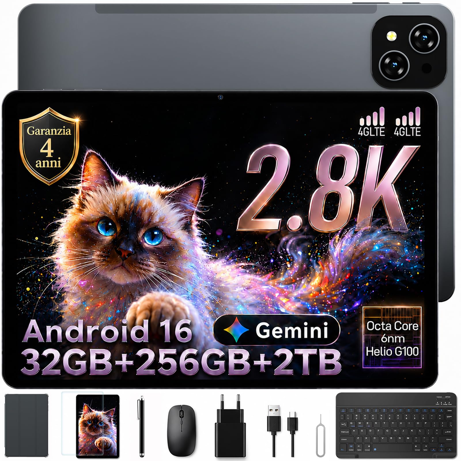 TABWEE Tablet con Tastiera, 2.8K QHD+, Helio G100, 32GB + 256GB | Tablet 11 Pollici in Offerta con Sim, Android 16, 8000 mAh, 13 MP+8 MP, Widevine L1, Gemini AI (Garanzia di 4 Anni)