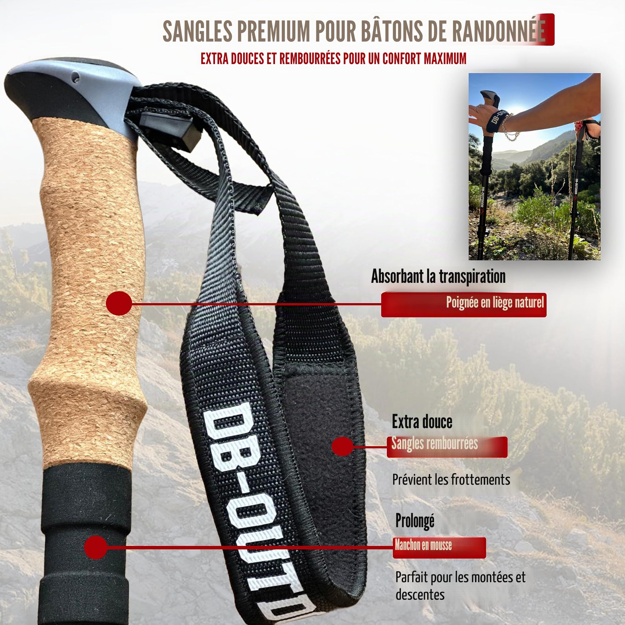 Bâtons de marche de randonnée pour homme et femme – 2 bâtons de randonnée nordique ultralégers en aluminium 7075 pour homme, poignée en liège naturel et verrouillage à rabat en métal pour