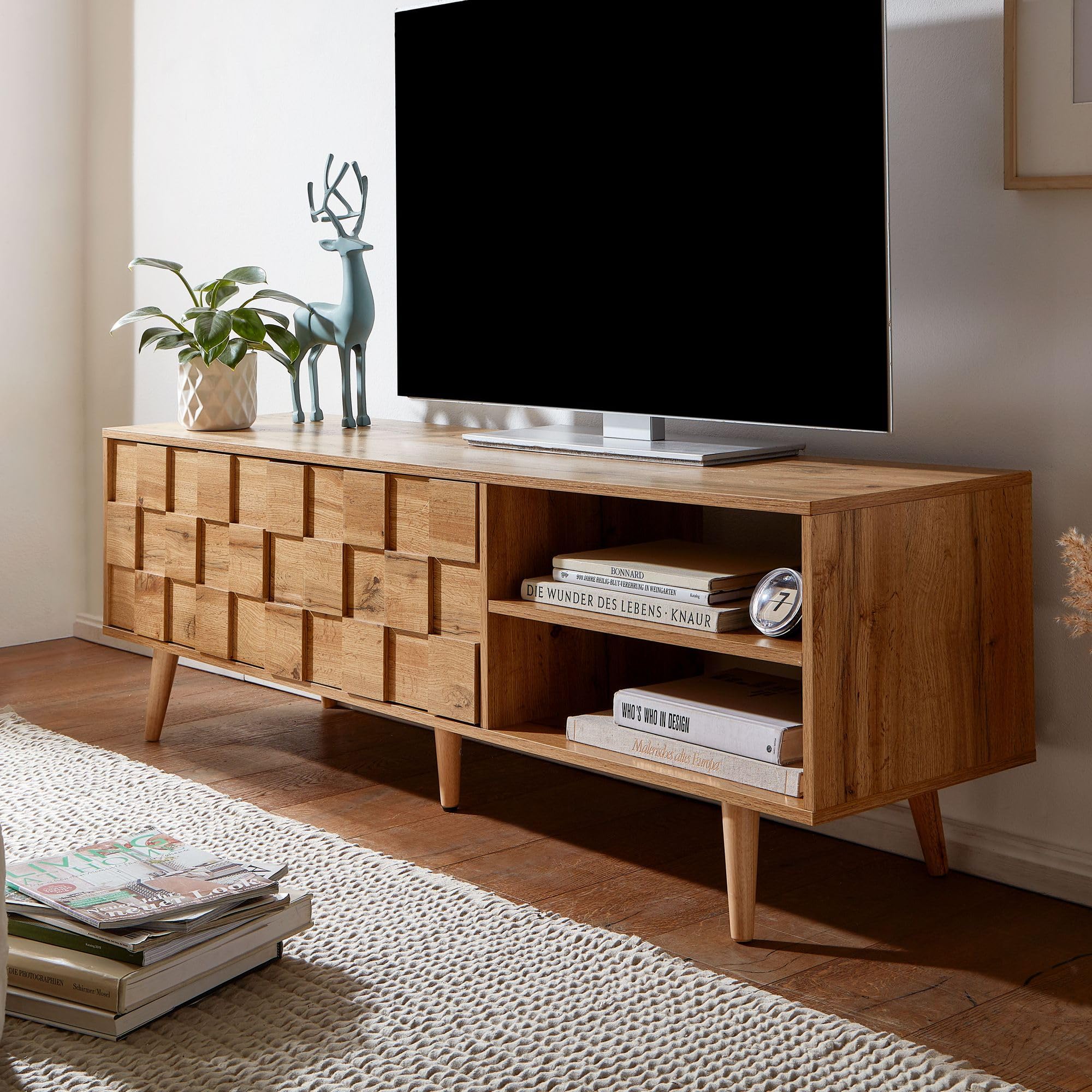FineBuy Mobile TV 160x40x51 cm Effetto Rovere Marrone | mobile porta TV per TV fino a 70 pollici, tavolino porta TV con 2 ante, vano contenitore per decoder e console